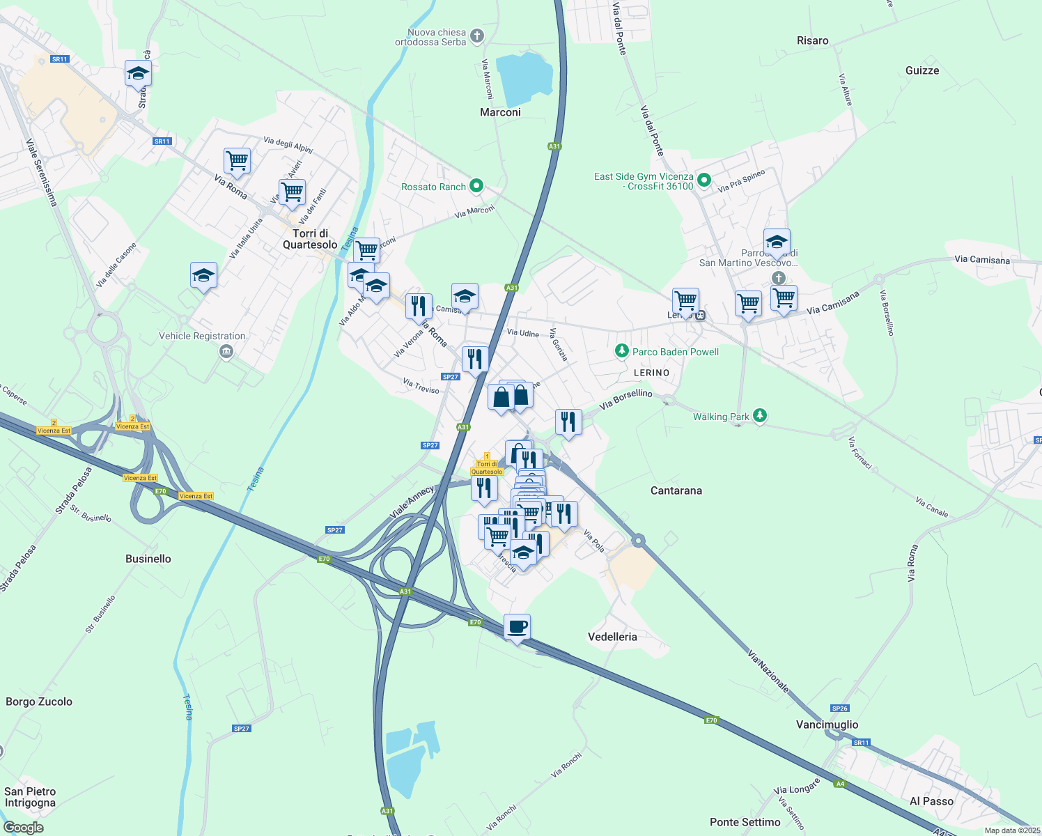 map of restaurants, bars, coffee shops, grocery stores, and more near 171 Via Roma in Torri di Quartesolo