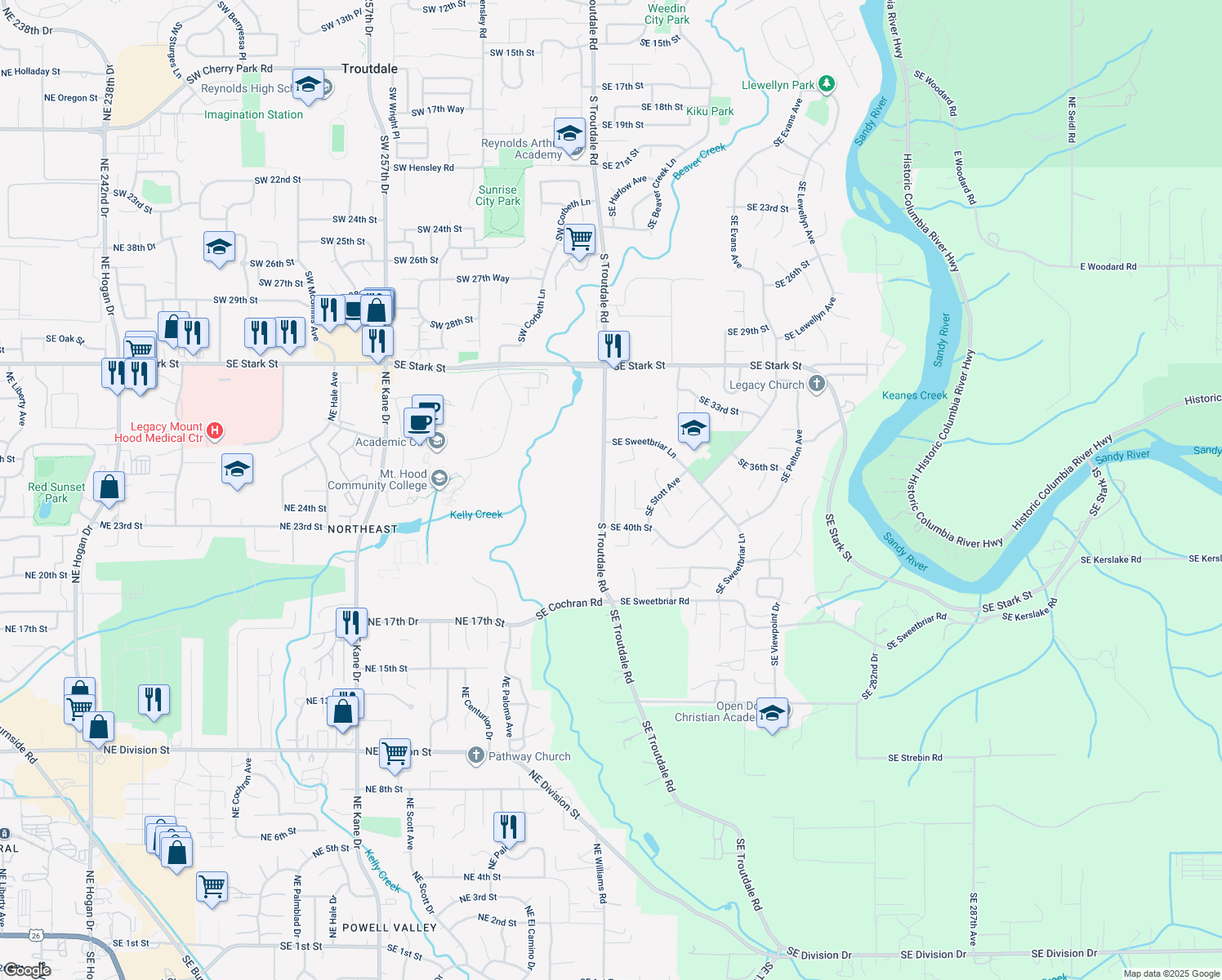 map of restaurants, bars, coffee shops, grocery stores, and more near 3727 Southeast Dora Court in Troutdale