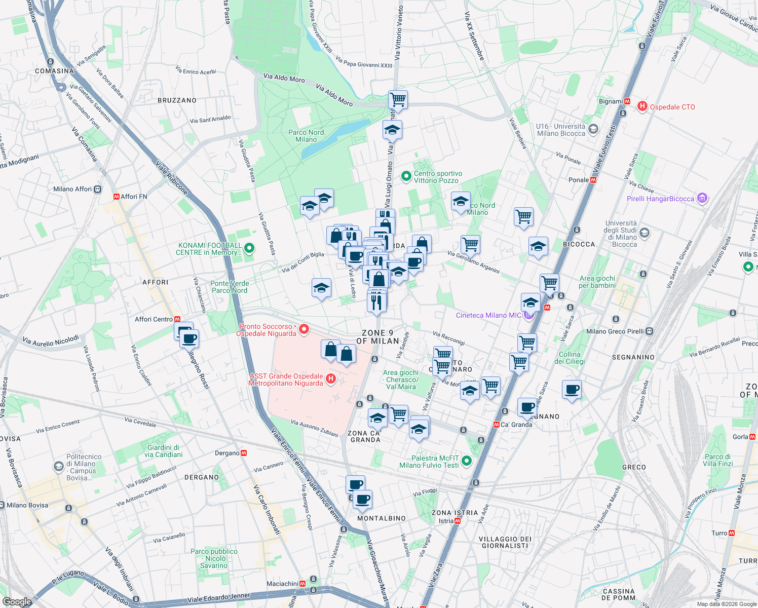 map of restaurants, bars, coffee shops, grocery stores, and more near 7121 Via Luigi Ornato in Milano