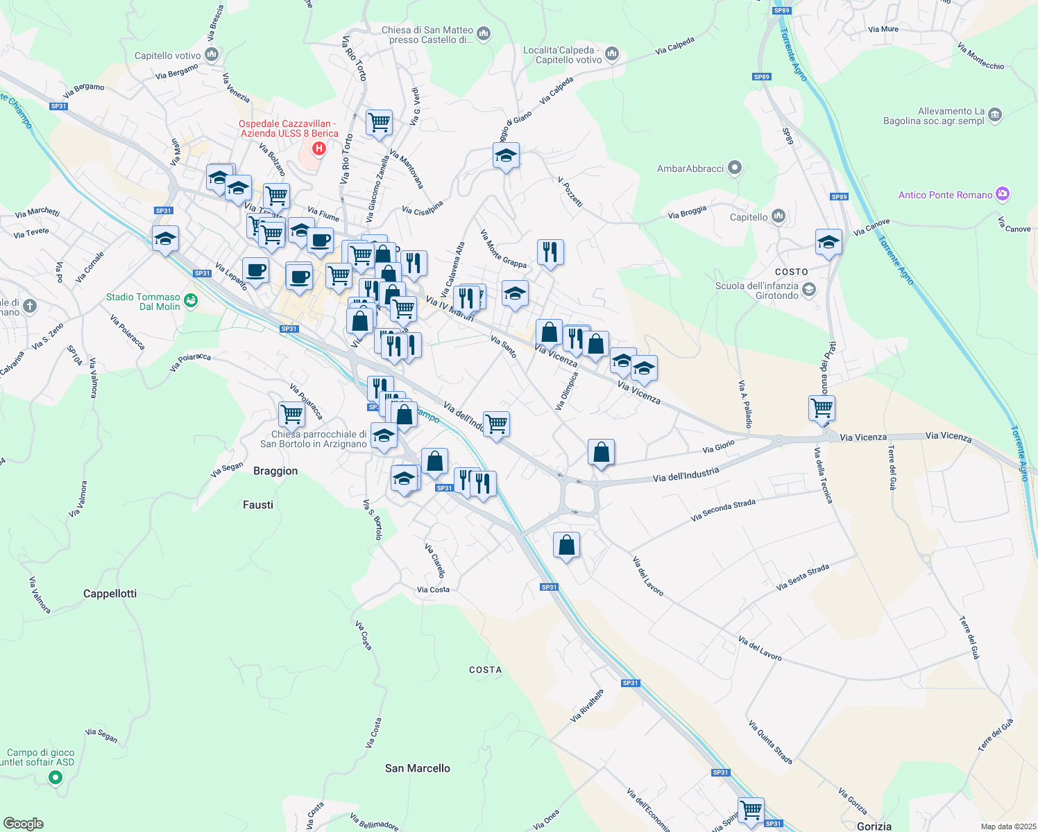 map of restaurants, bars, coffee shops, grocery stores, and more near 7b Via Vespucci in Arzignano