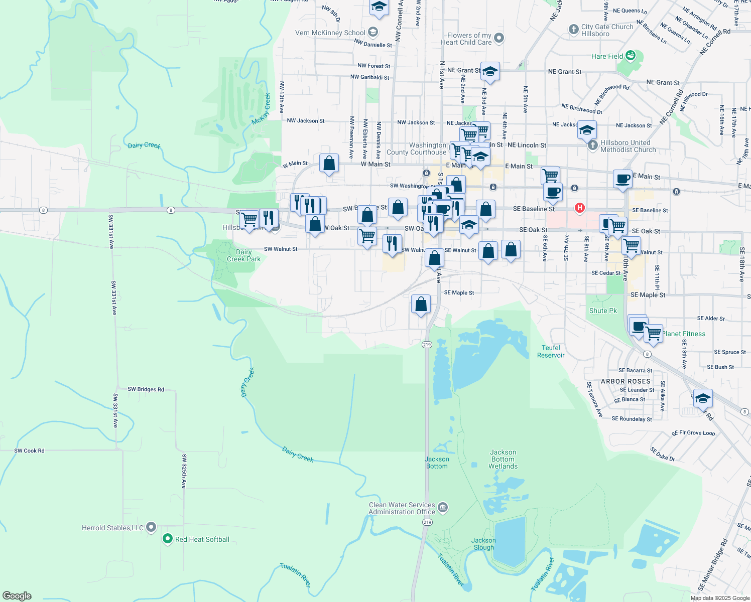 map of restaurants, bars, coffee shops, grocery stores, and more near 730 Southwest Dennis Avenue in Hillsboro