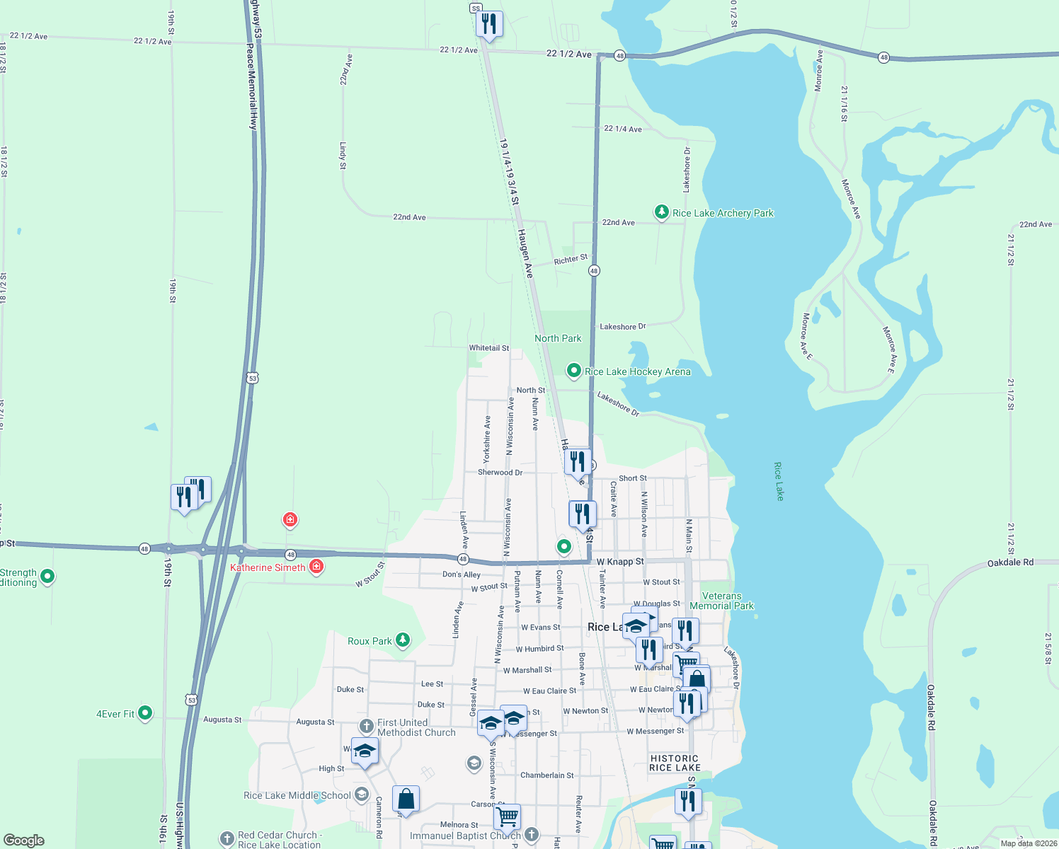 map of restaurants, bars, coffee shops, grocery stores, and more near 1046 Nunn Avenue in Rice Lake