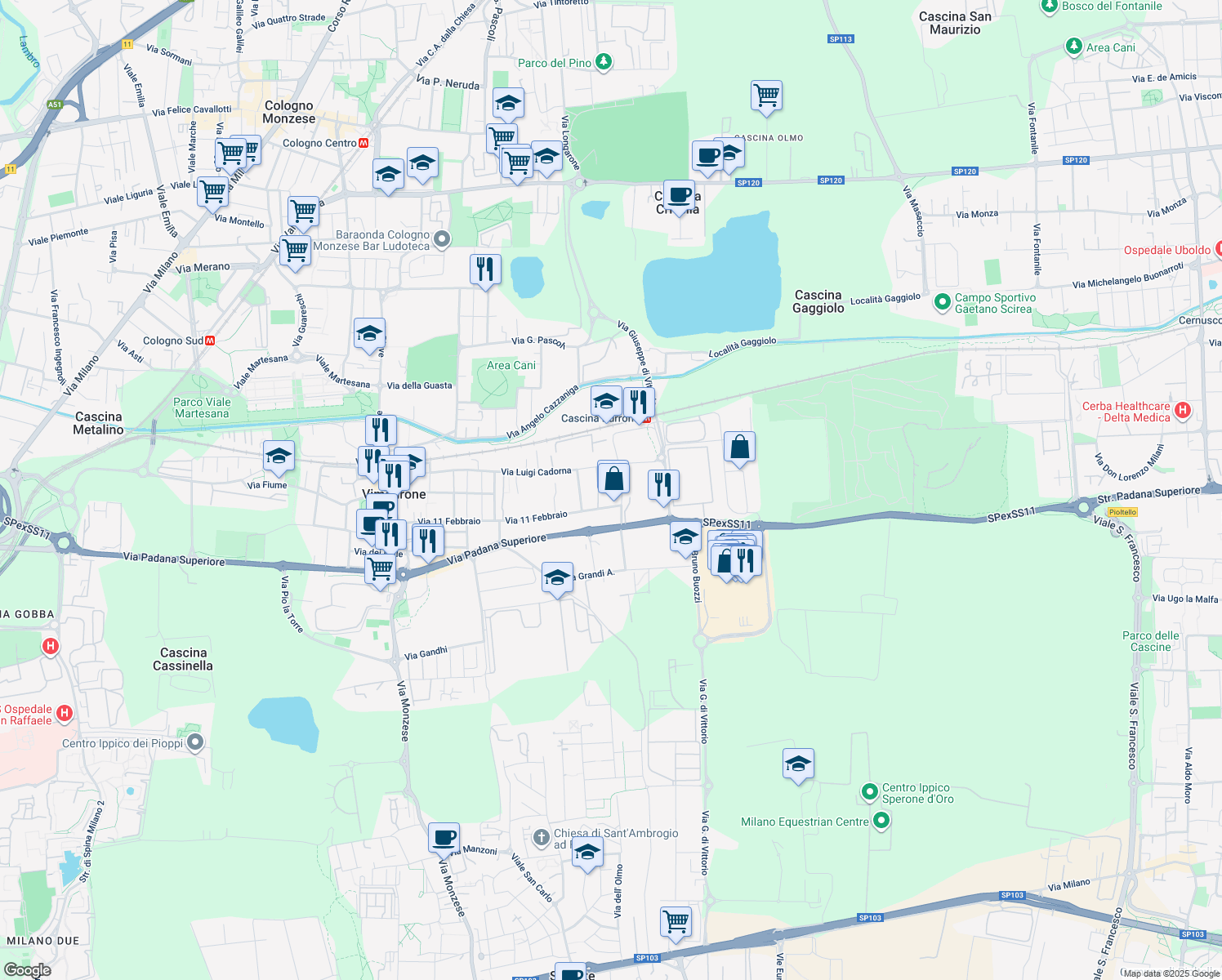 map of restaurants, bars, coffee shops, grocery stores, and more near 99 Via 11 Febbraio in Vimodrone