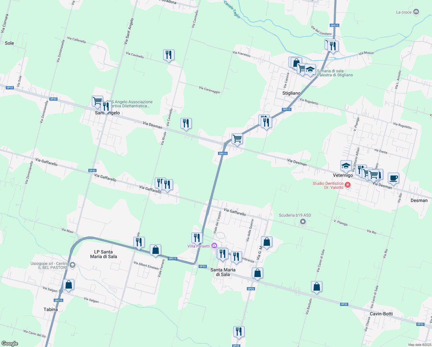 map of restaurants, bars, coffee shops, grocery stores, and more near 38a Via Noalese in Città Metropolitana di Venezia