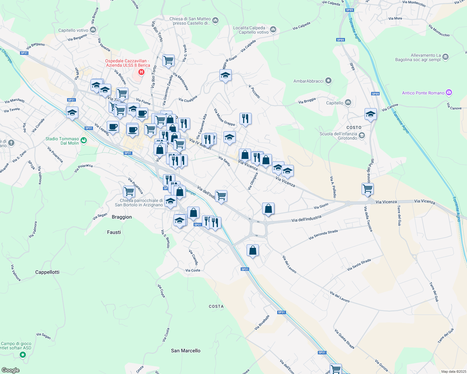 map of restaurants, bars, coffee shops, grocery stores, and more near 7B Via Vespucci in Arzignano