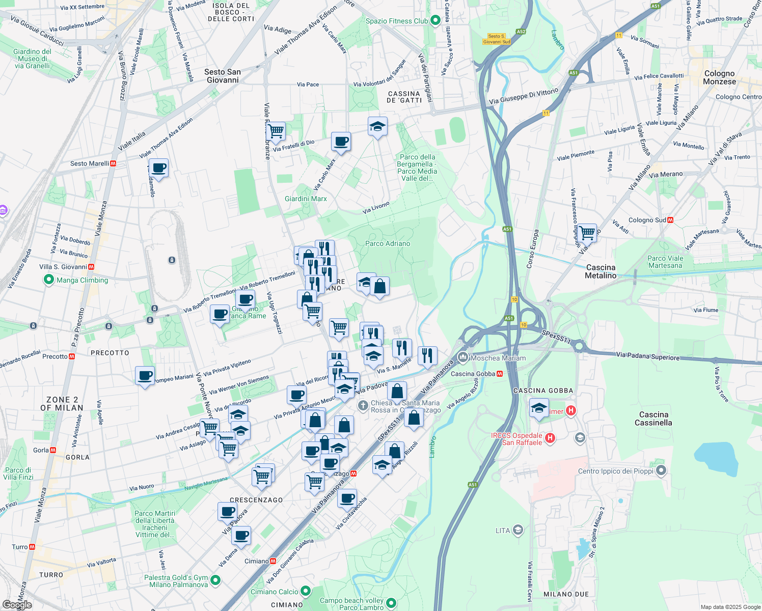 map of restaurants, bars, coffee shops, grocery stores, and more near 22 Via Privata Trasimeno in Milano