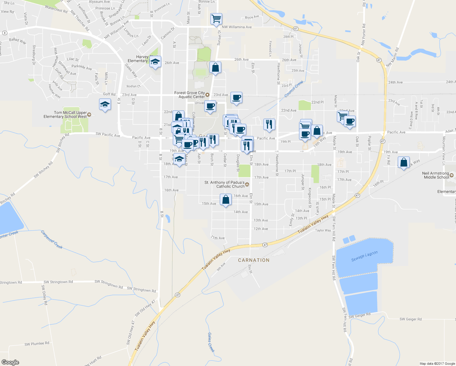 map of restaurants, bars, coffee shops, grocery stores, and more near 1643 Cedar Street in Forest Grove