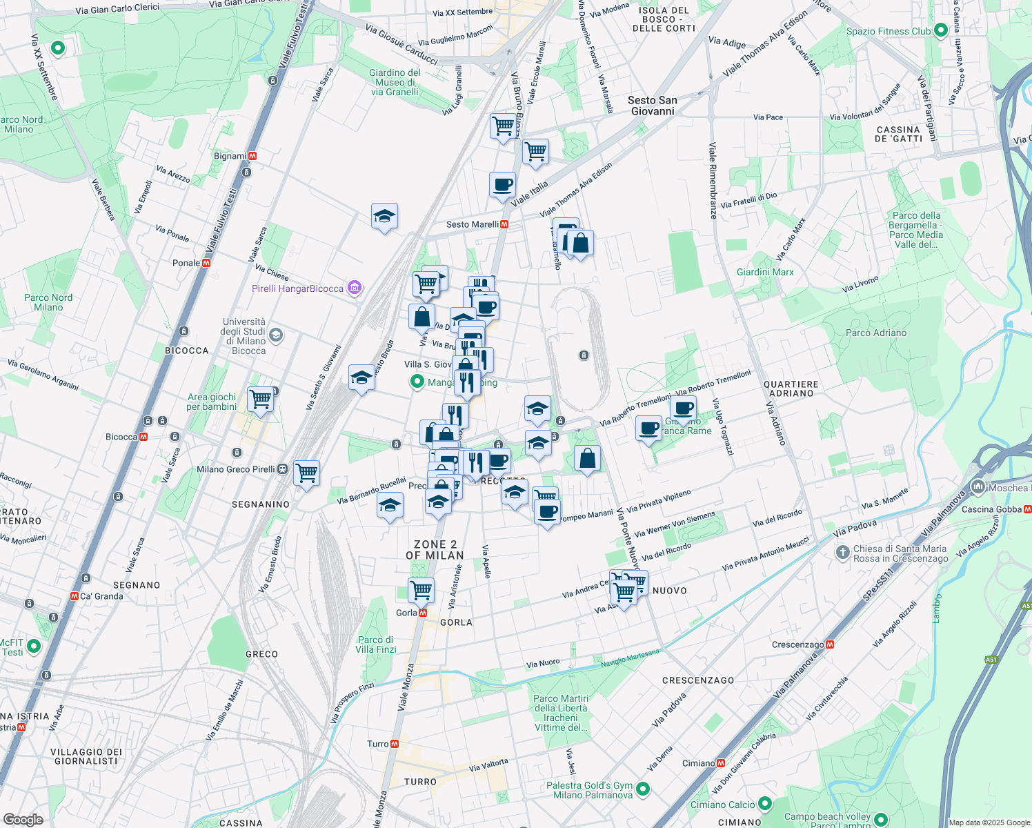 map of restaurants, bars, coffee shops, grocery stores, and more near 12 Via Pindaro in Milan