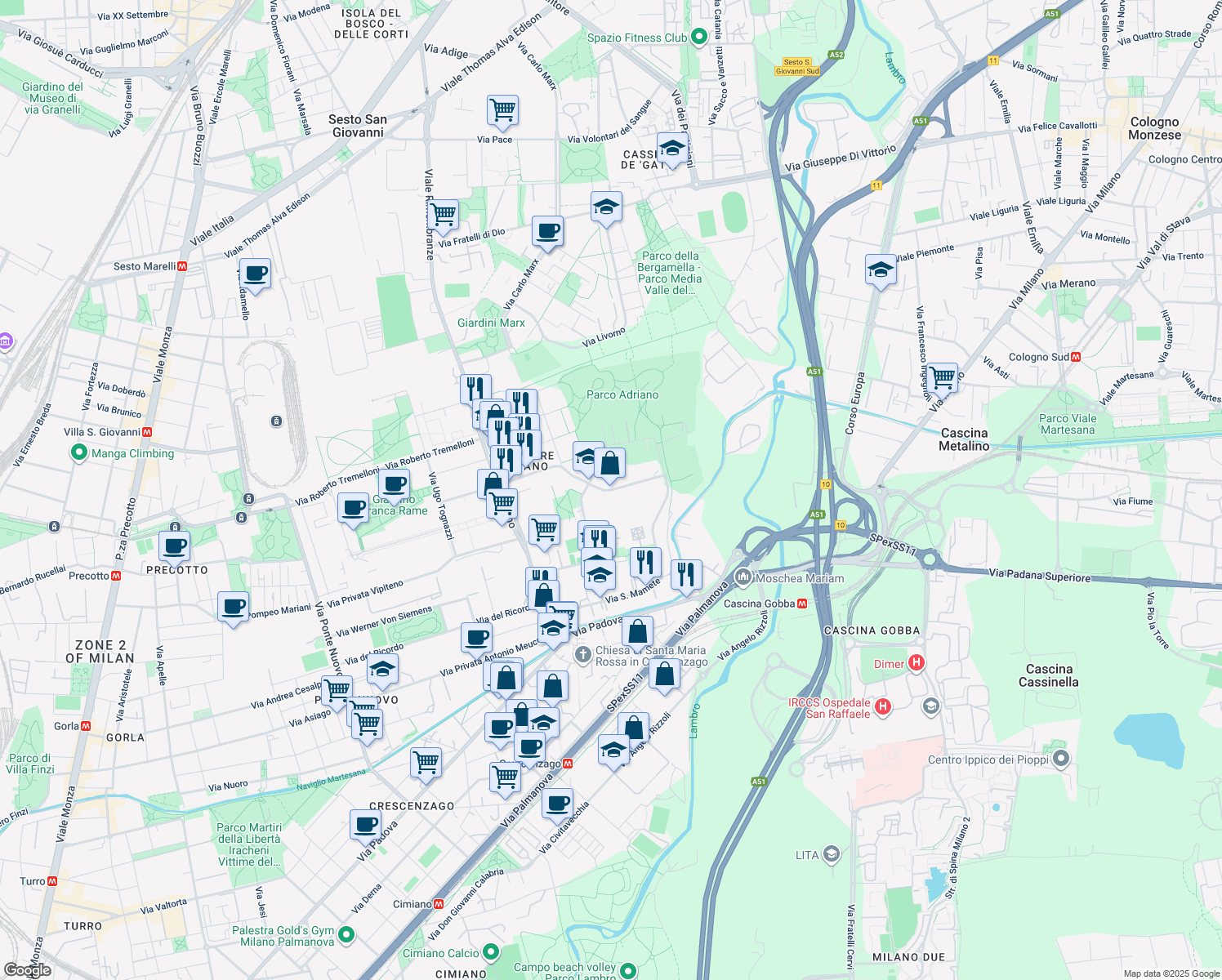 map of restaurants, bars, coffee shops, grocery stores, and more near 22 Via Privata Trasimeno in Città metropolitana di Milano