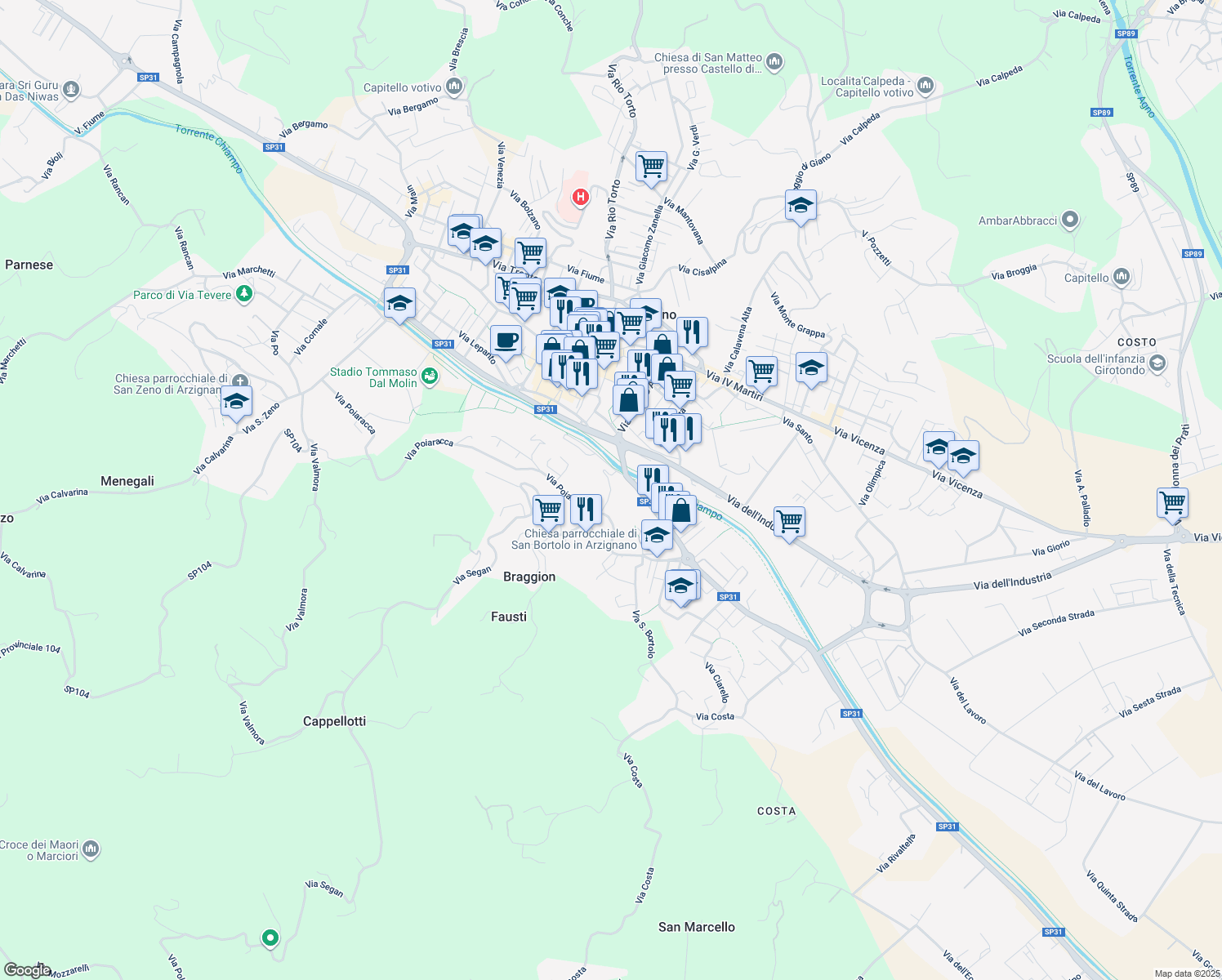 map of restaurants, bars, coffee shops, grocery stores, and more near 2 Via Tiro a Segno in Provincia di Vicenza