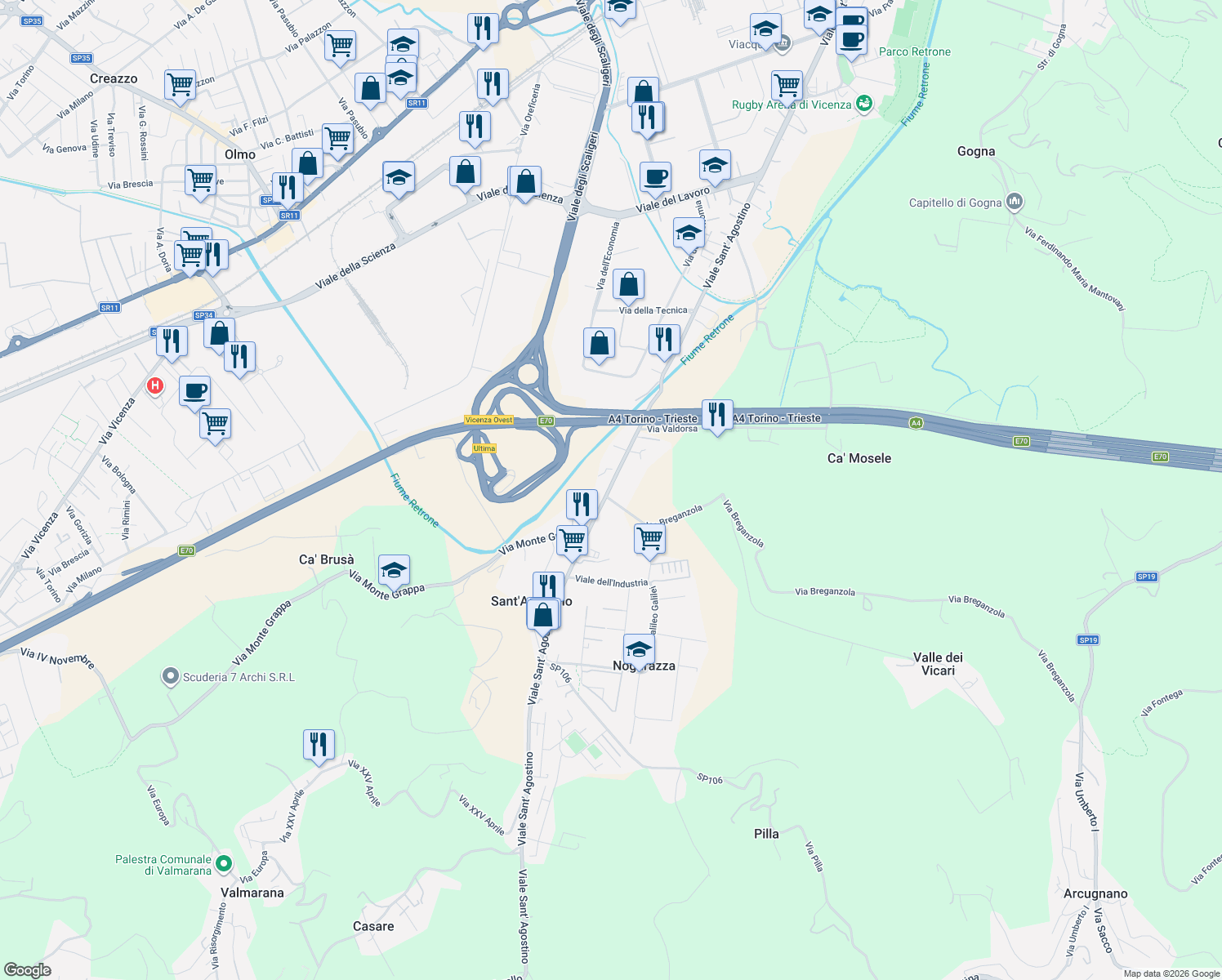 map of restaurants, bars, coffee shops, grocery stores, and more near 512 Viale Sant'Agostino in Vicenza