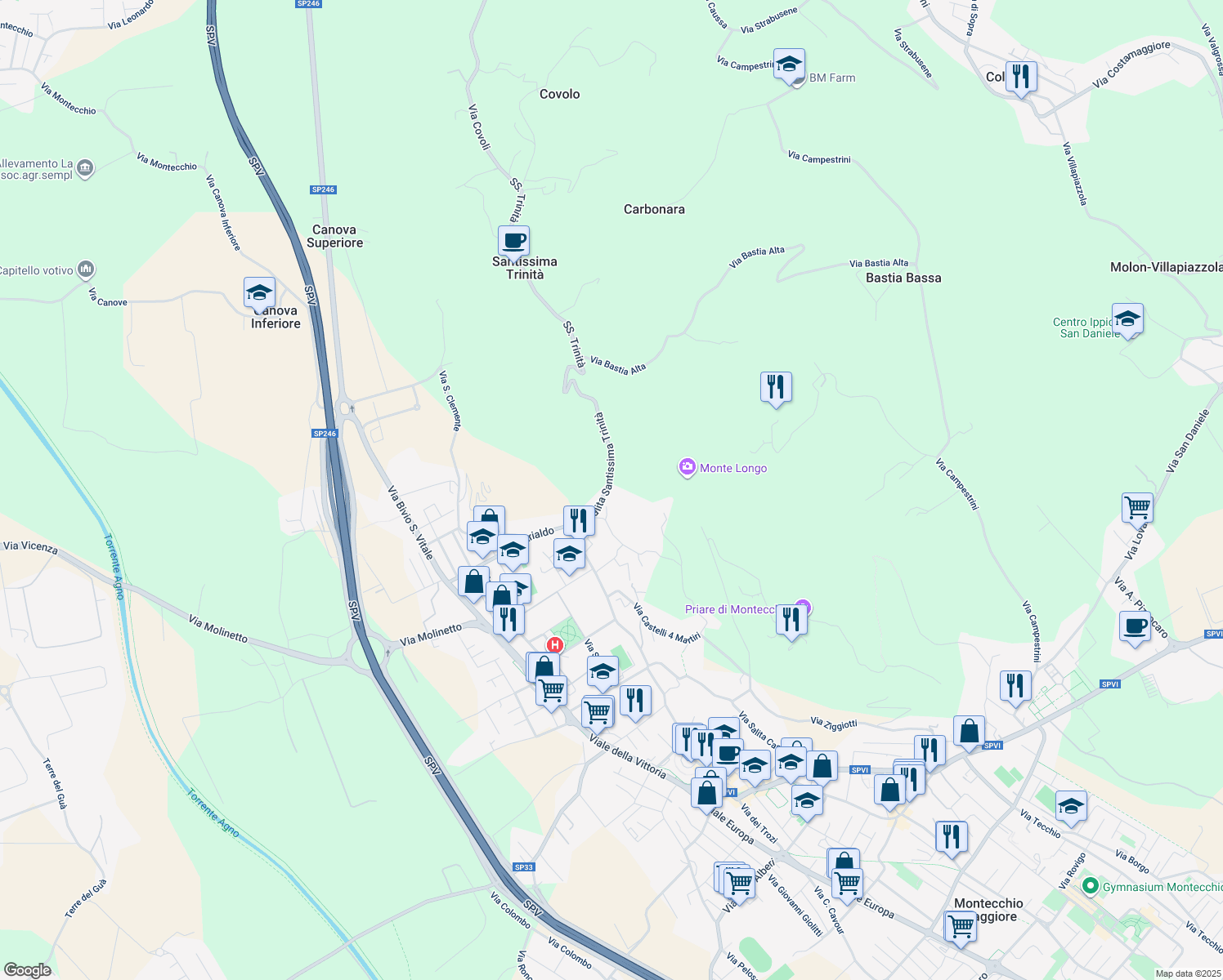 map of restaurants, bars, coffee shops, grocery stores, and more near 34/1 Via Salita Santissima Trinità in Montecchio Maggiore