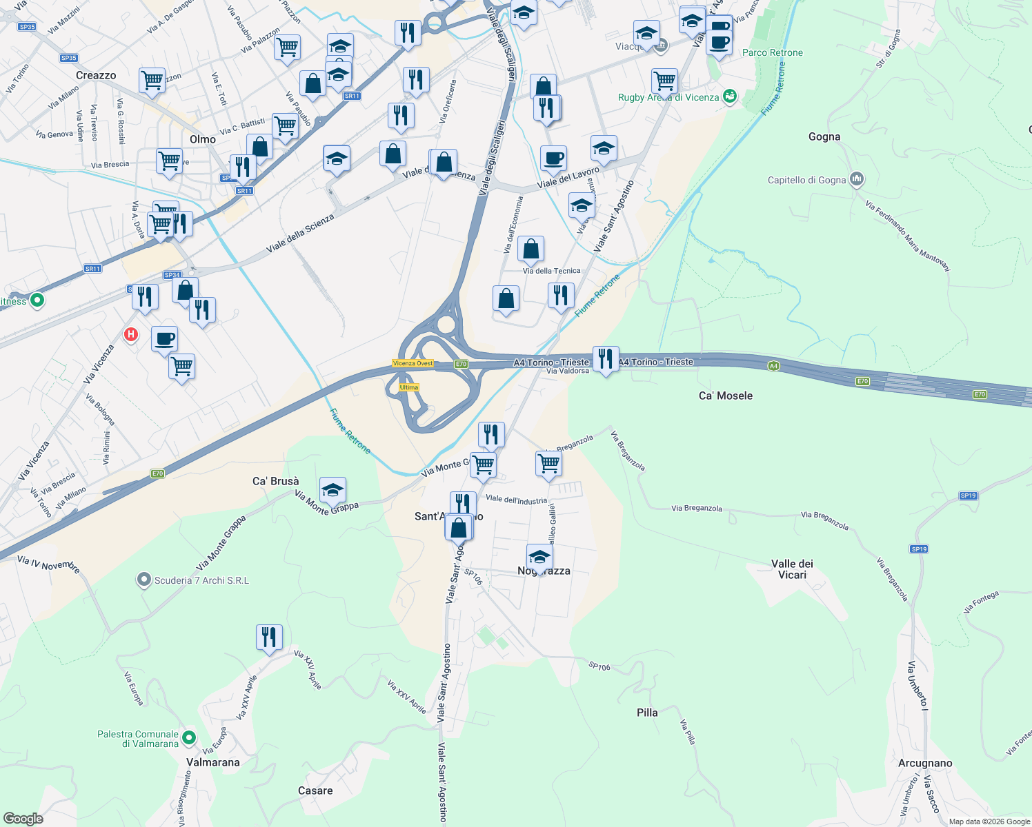 map of restaurants, bars, coffee shops, grocery stores, and more near 512 Viale Sant' Agostino in Vicenza