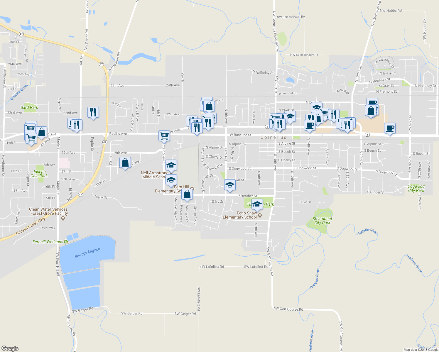 map of restaurants, bars, coffee shops, grocery stores, and more near 332 South Tarrybrook Drive in Cornelius