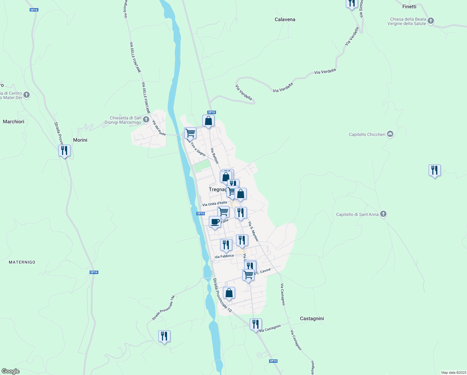 map of restaurants, bars, coffee shops, grocery stores, and more near 6 Via Roma in Tregnago