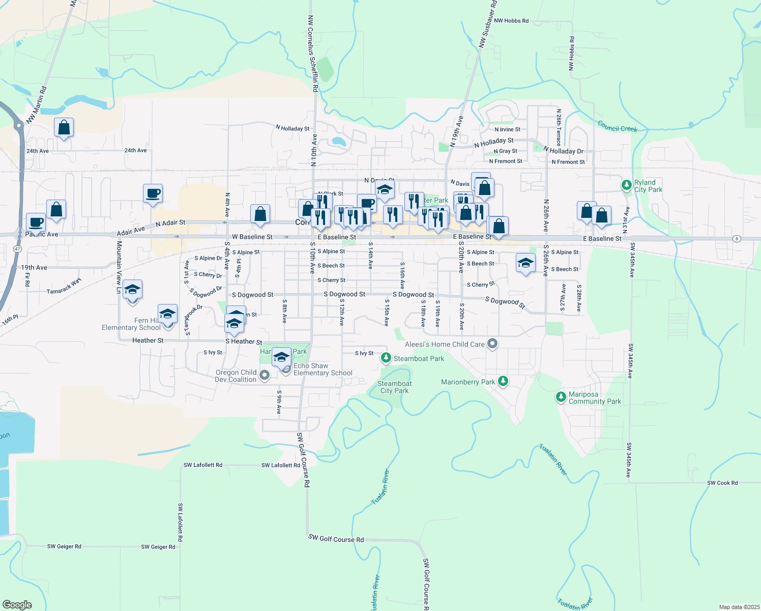 map of restaurants, bars, coffee shops, grocery stores, and more near 1440 South Elder Court in Cornelius