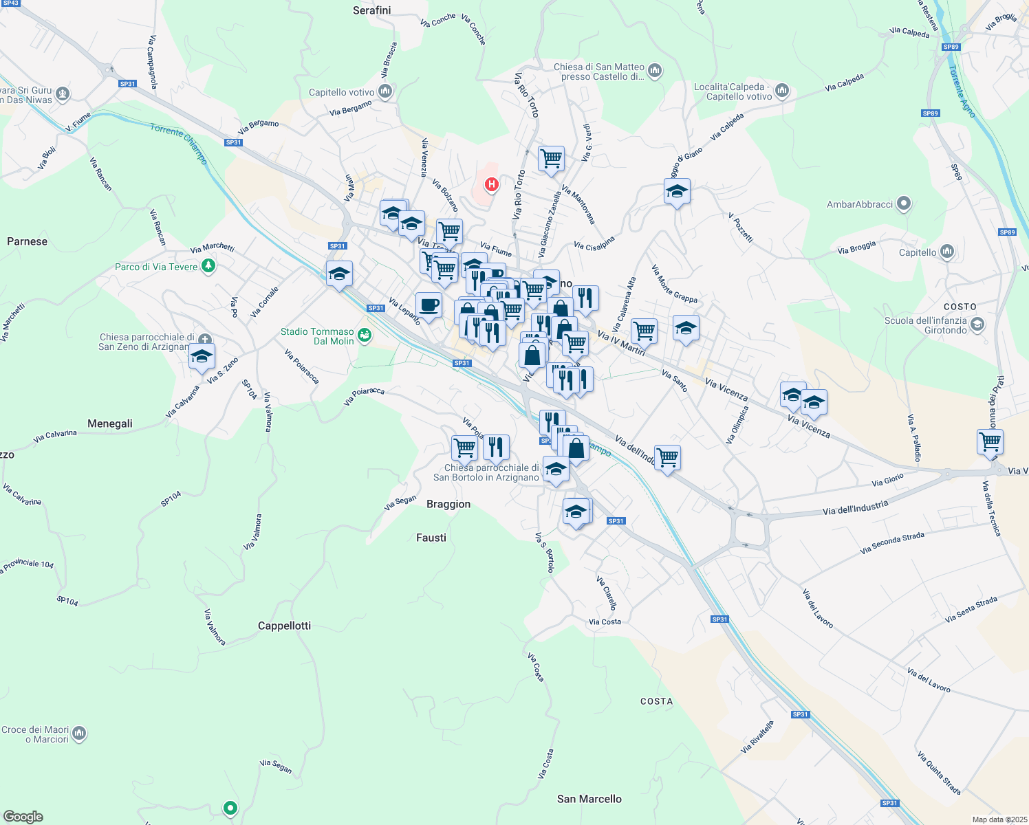map of restaurants, bars, coffee shops, grocery stores, and more near 2 Via Tiro a Segno in Provincia di Vicenza