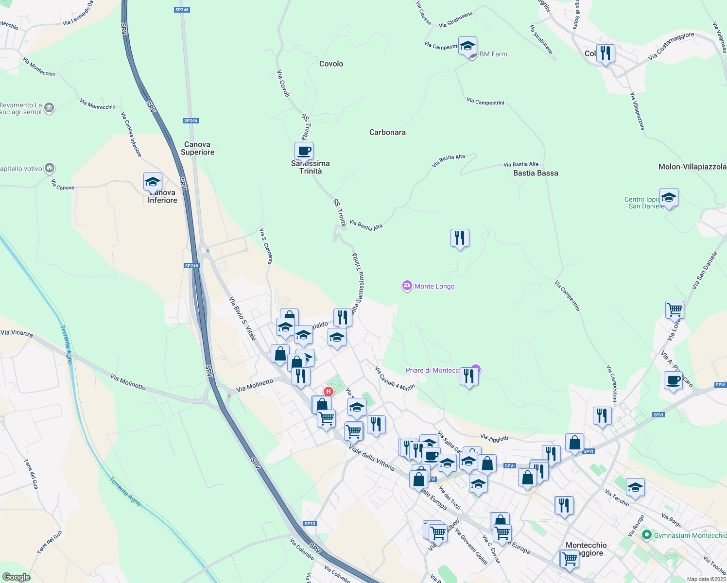 map of restaurants, bars, coffee shops, grocery stores, and more near 34/1 Via Salita Santissima Trinità in Montecchio Maggiore