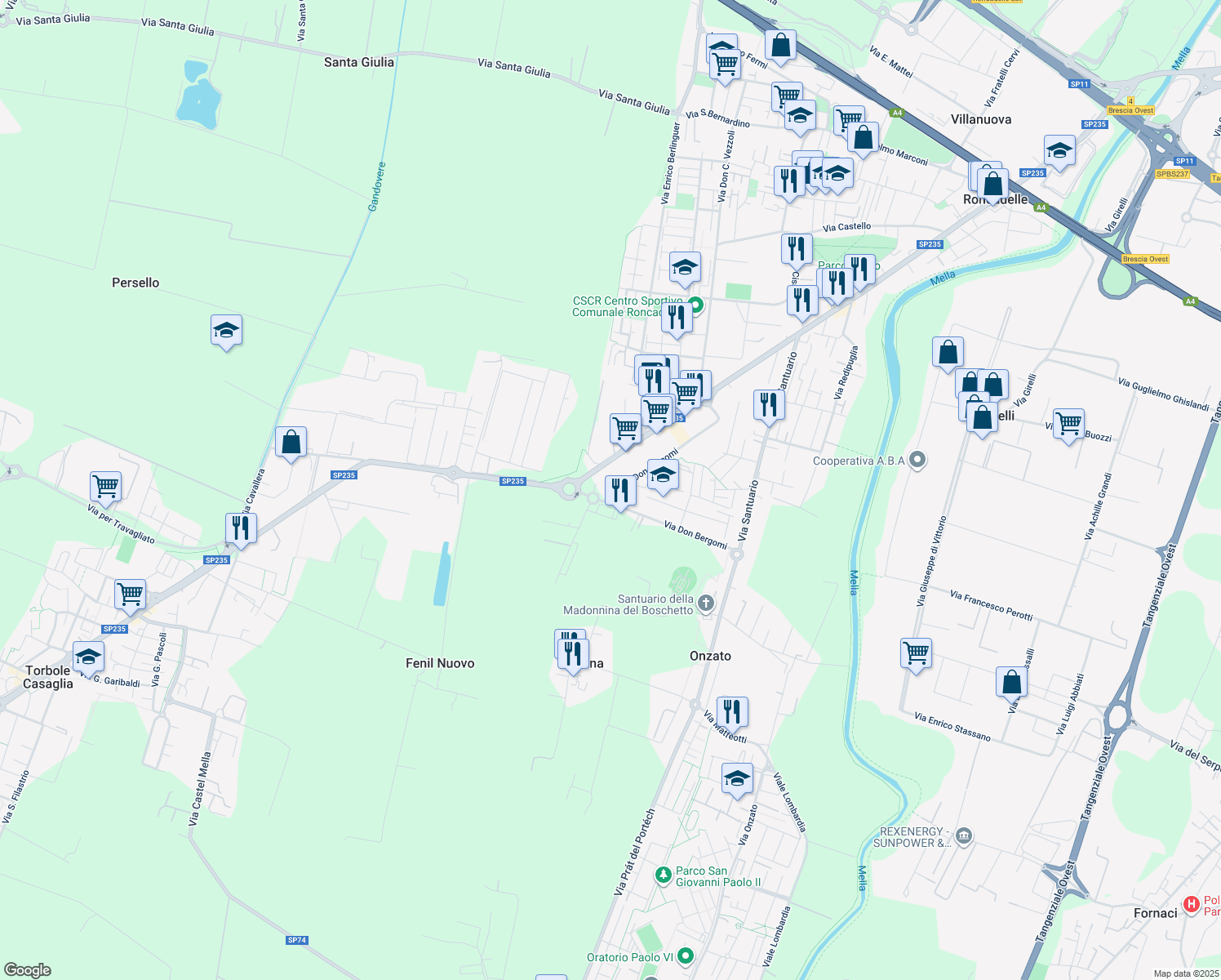 map of restaurants, bars, coffee shops, grocery stores, and more near Via Don Bergomi in Castel Mella