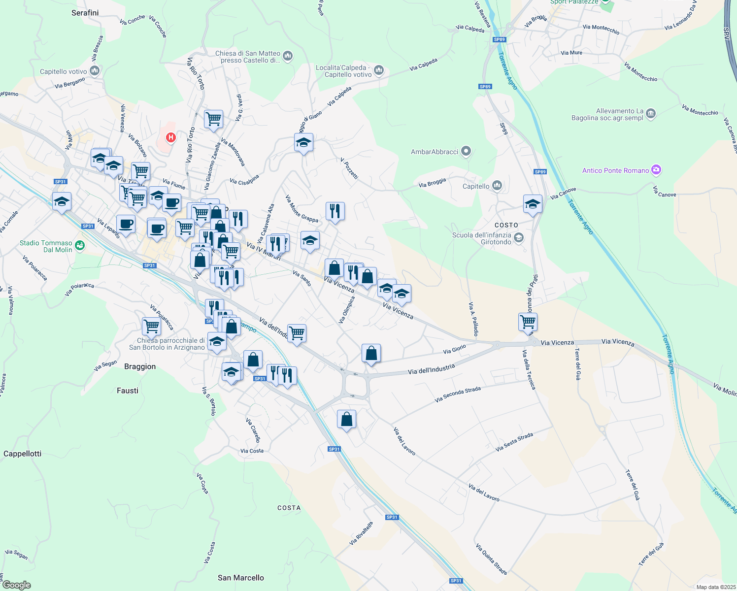 map of restaurants, bars, coffee shops, grocery stores, and more near 2 Via Francesco Baracca in Arzignano