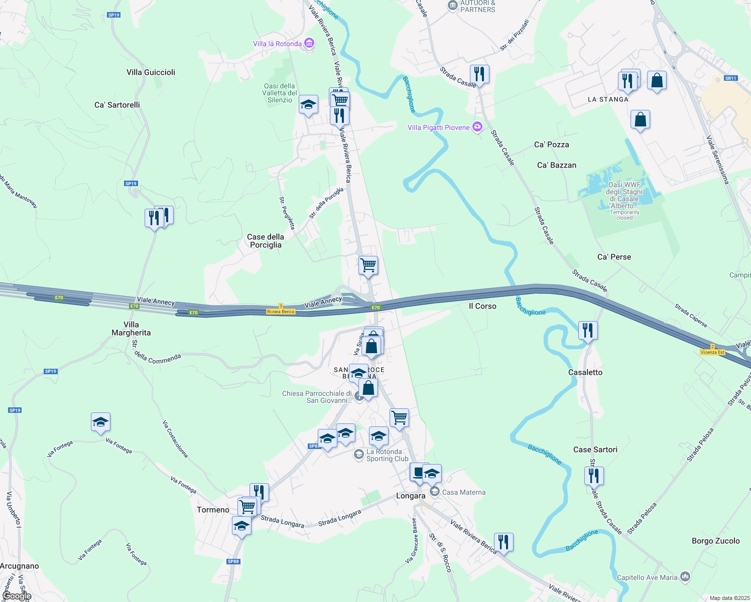 map of restaurants, bars, coffee shops, grocery stores, and more near 389 Viale Riviera Berica in Vicenza