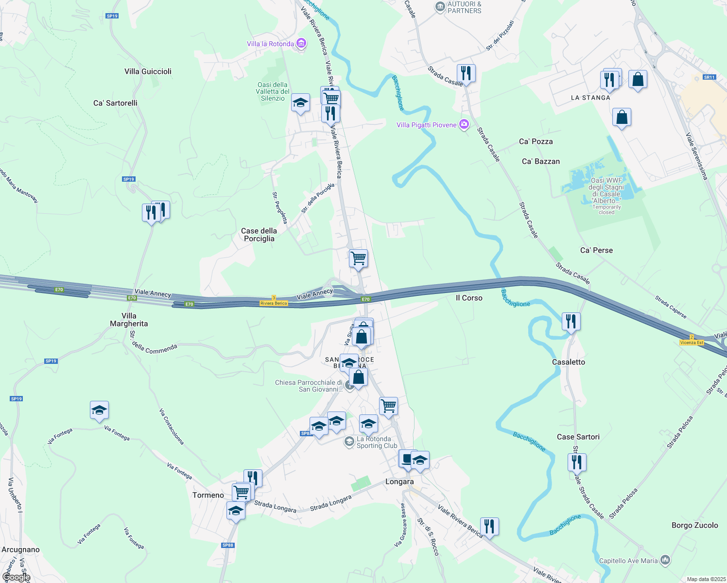 map of restaurants, bars, coffee shops, grocery stores, and more near 389 Viale Riviera Berica in Vicenza
