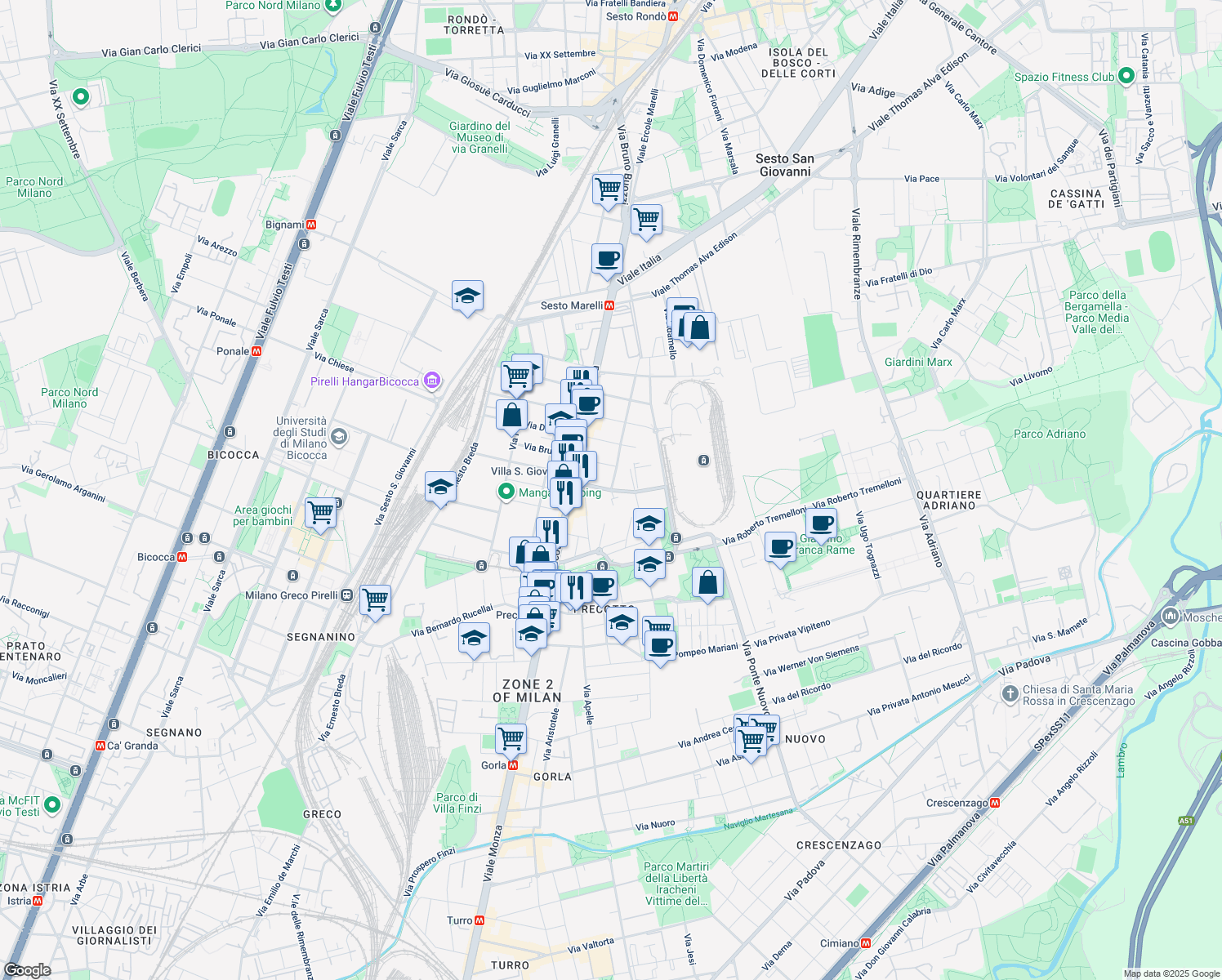 map of restaurants, bars, coffee shops, grocery stores, and more near 12 Via Pindaro in Milano