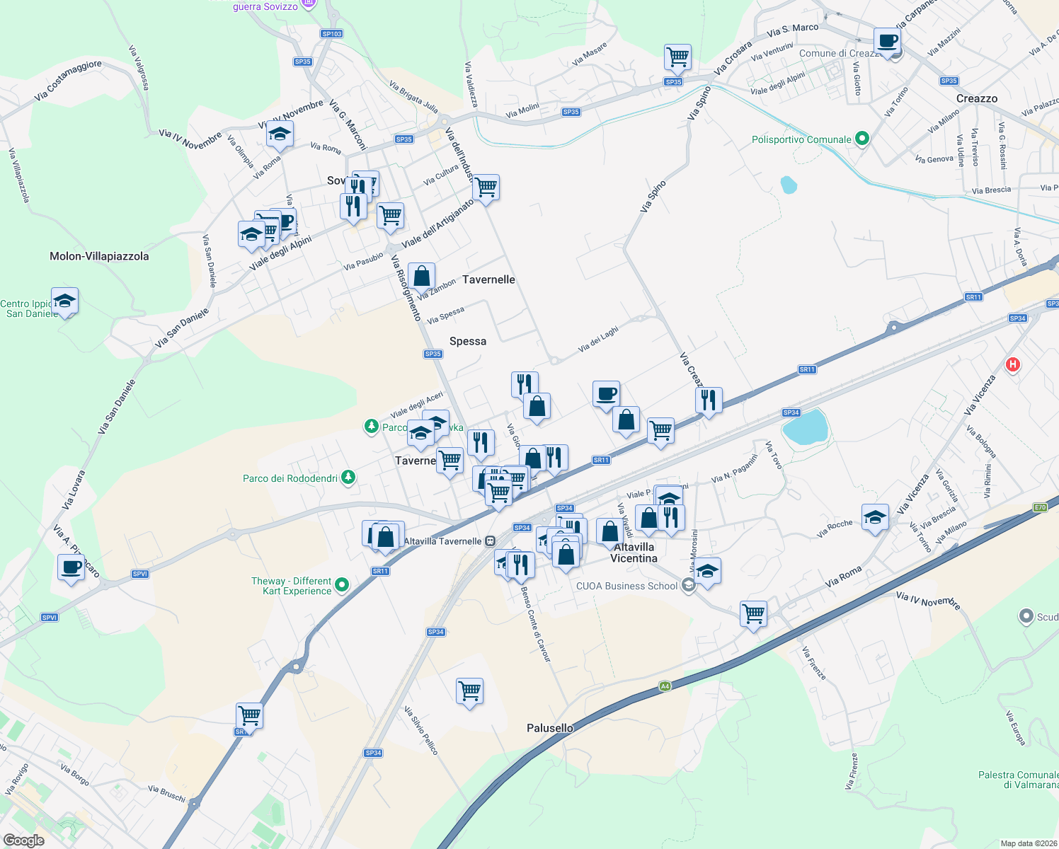 map of restaurants, bars, coffee shops, grocery stores, and more near 128 Via Lago Maggiore in Vicenza