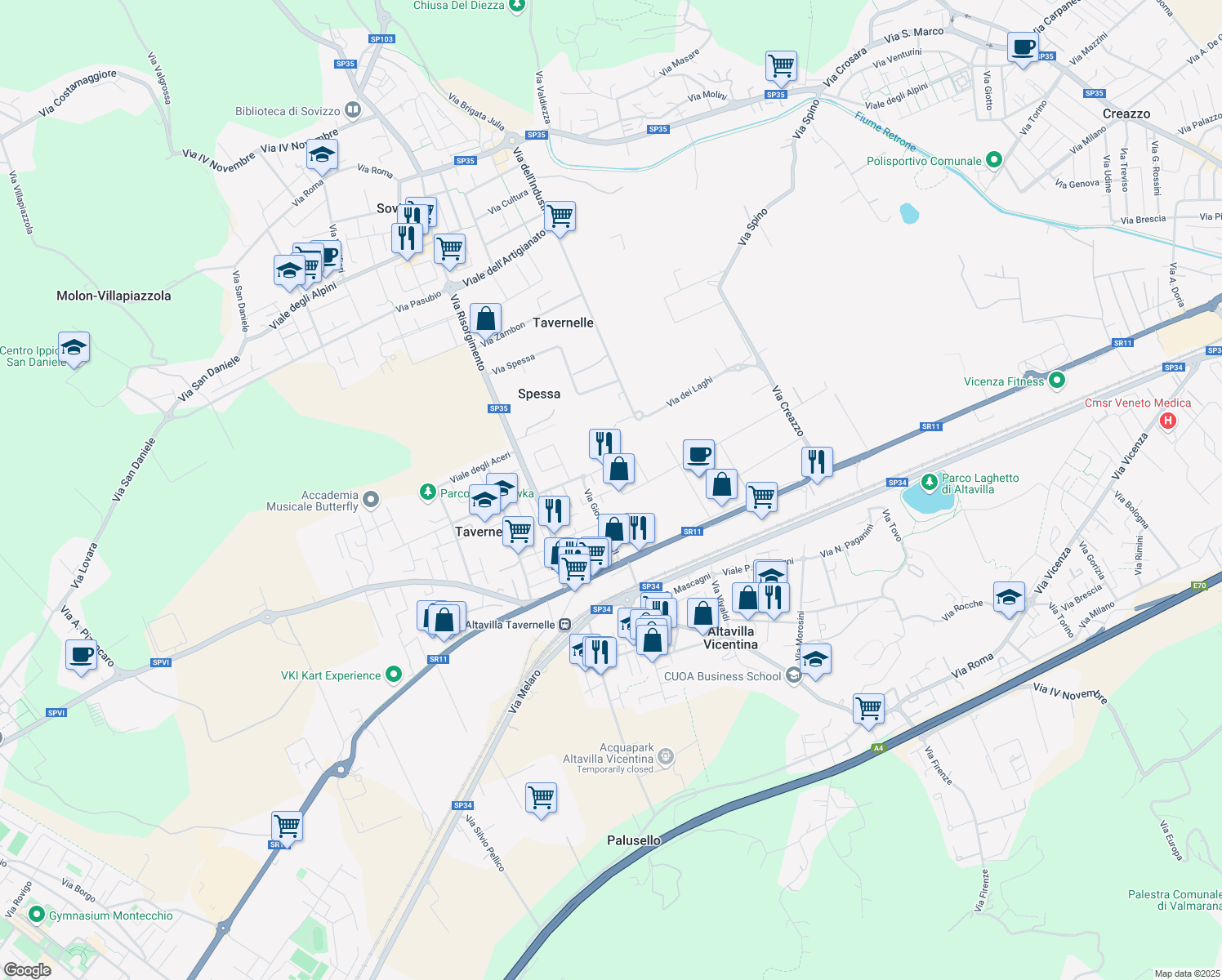 map of restaurants, bars, coffee shops, grocery stores, and more near 128 Via Lago Maggiore in Vicenza
