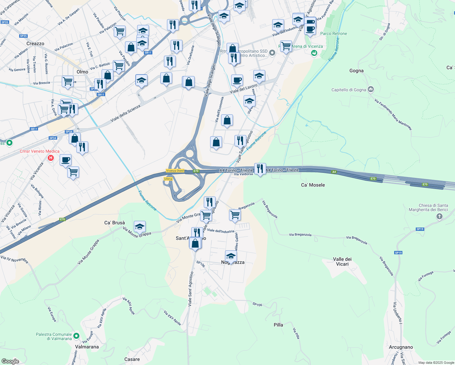 map of restaurants, bars, coffee shops, grocery stores, and more near 504 Viale Sant' Agostino in Vicenza