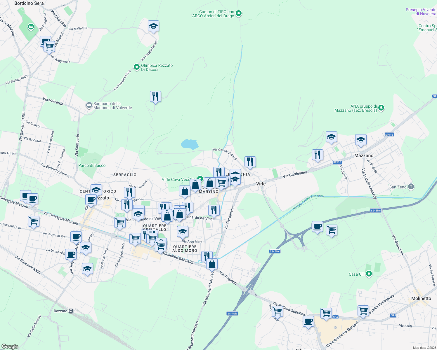 map of restaurants, bars, coffee shops, grocery stores, and more near 81 Via Trieste in Rezzato