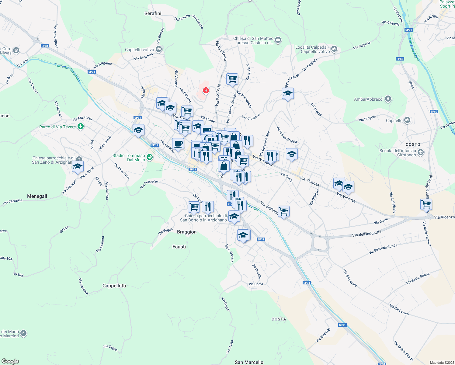 map of restaurants, bars, coffee shops, grocery stores, and more near 3 Via Fanti in Arzignano