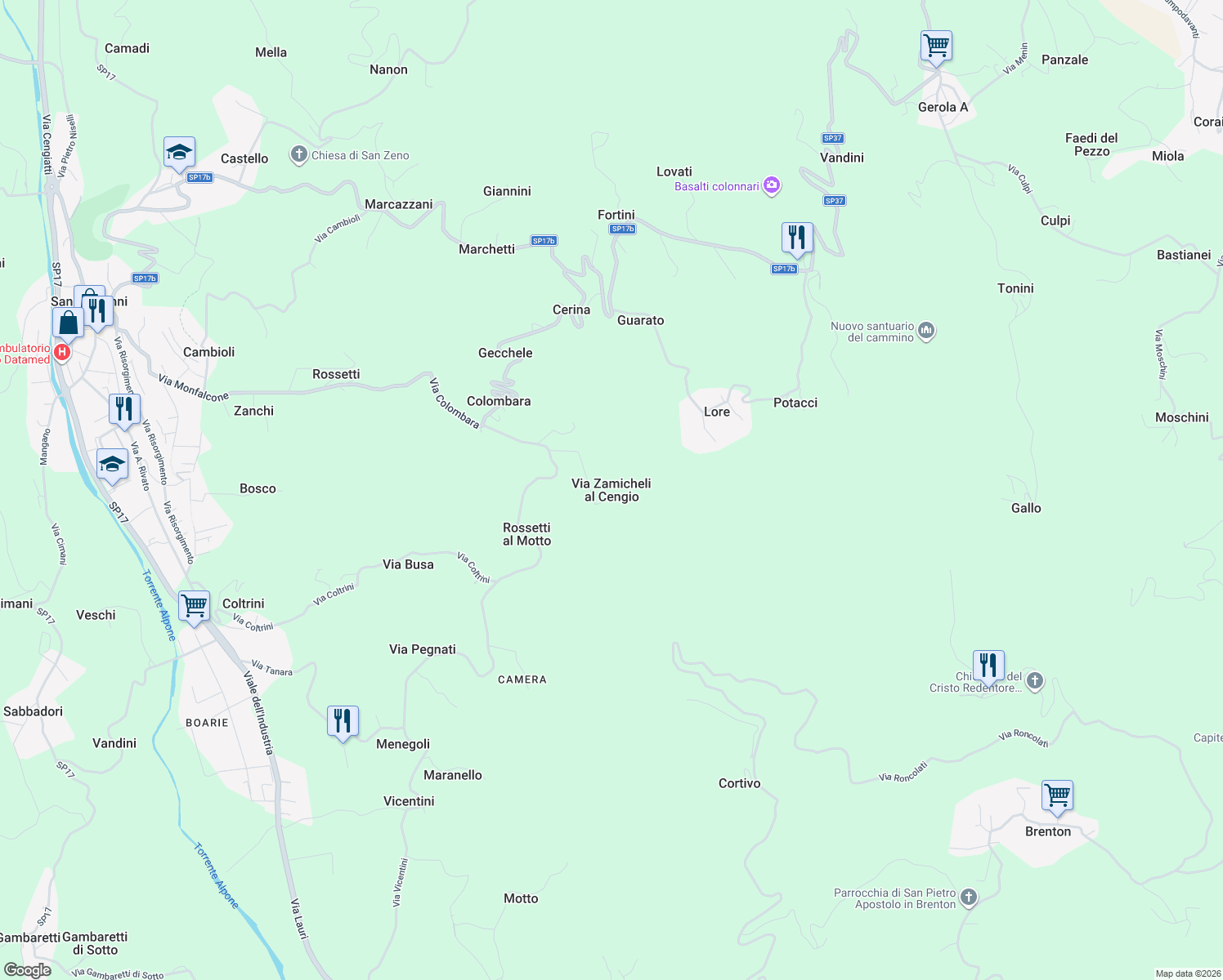map of restaurants, bars, coffee shops, grocery stores, and more near 1 Via Zamicheli al Cengio in Zamicheli al Cengio