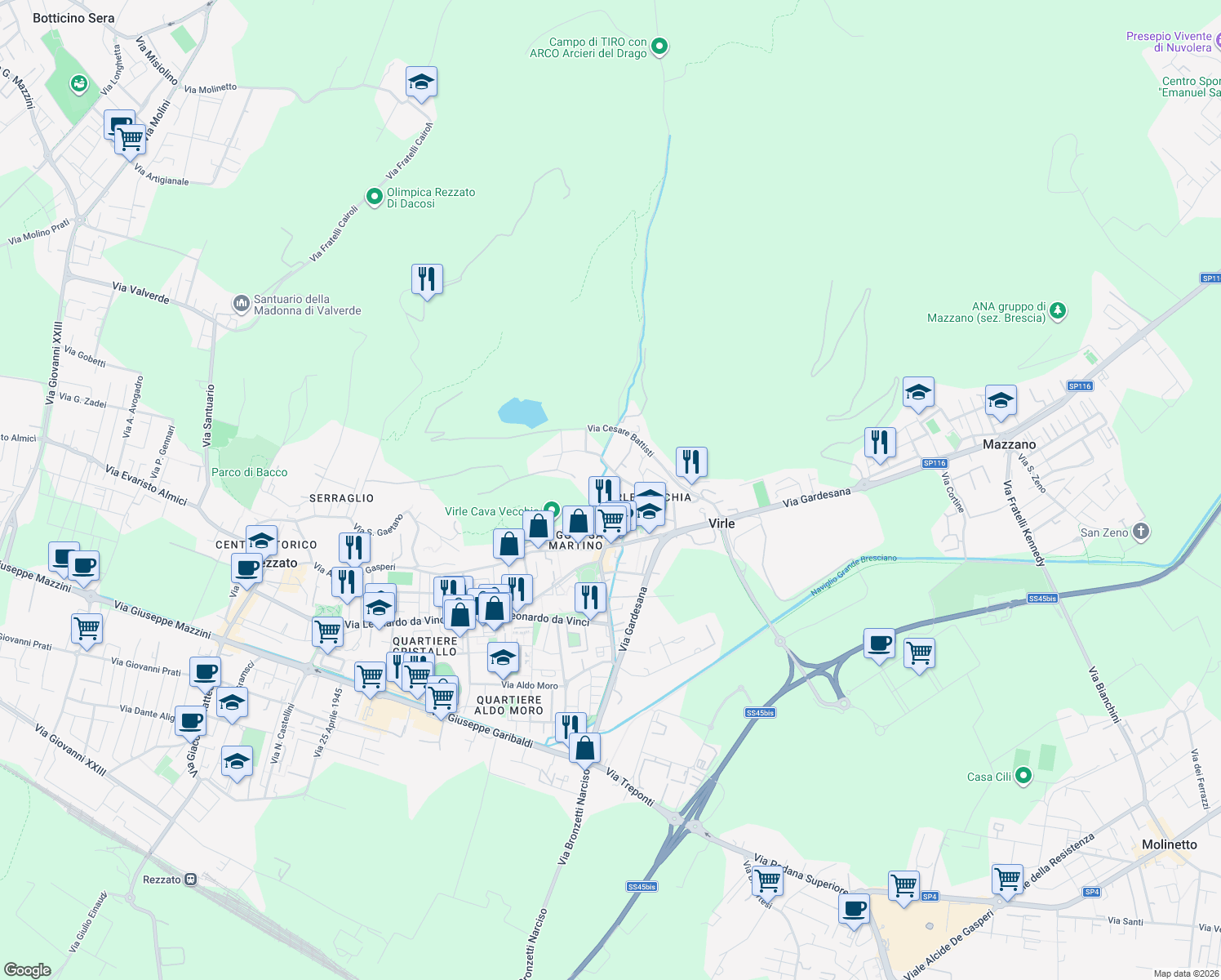 map of restaurants, bars, coffee shops, grocery stores, and more near 81 Via Trieste in Rezzato