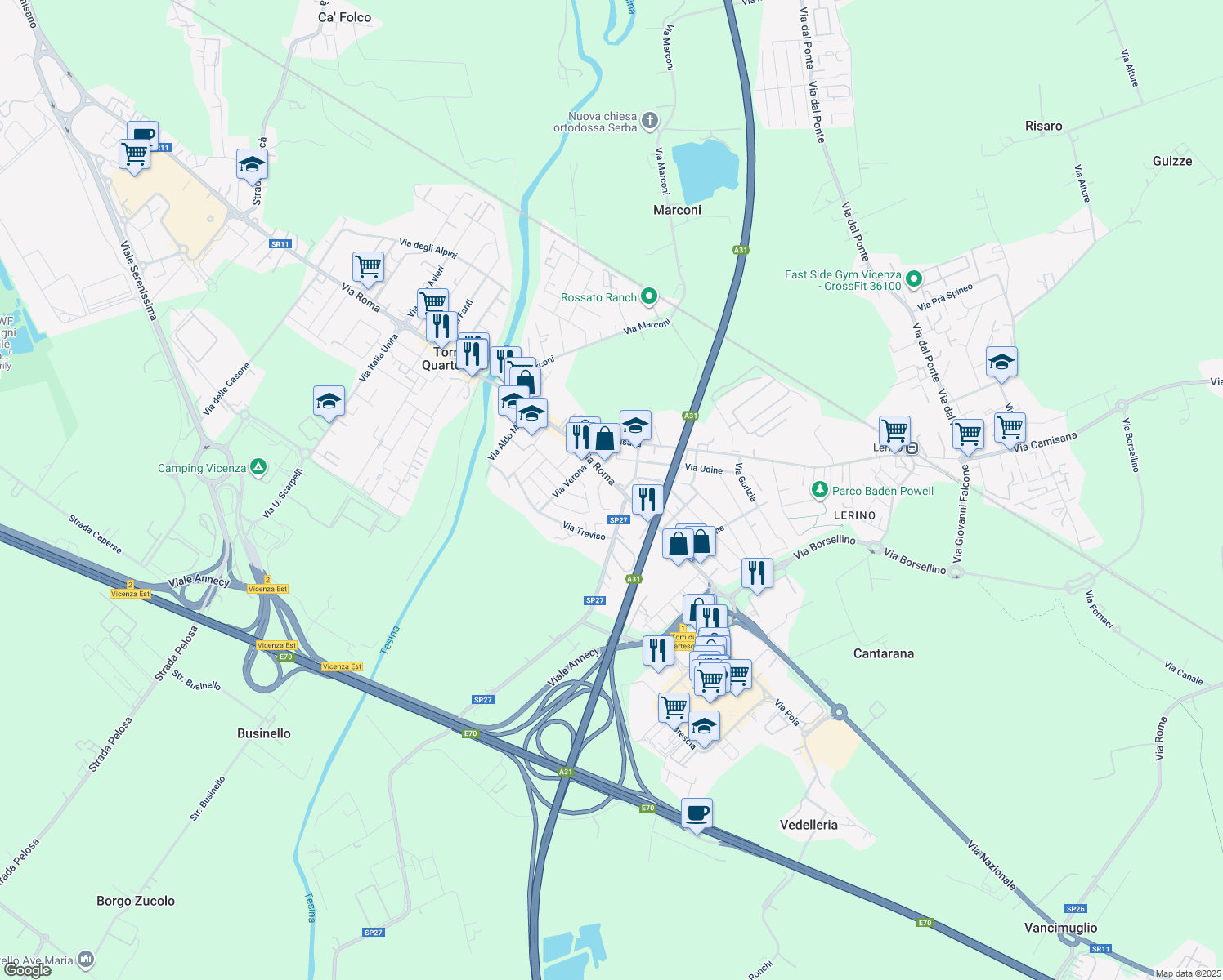 map of restaurants, bars, coffee shops, grocery stores, and more near 133 Via Roma in Torri di Quartesolo