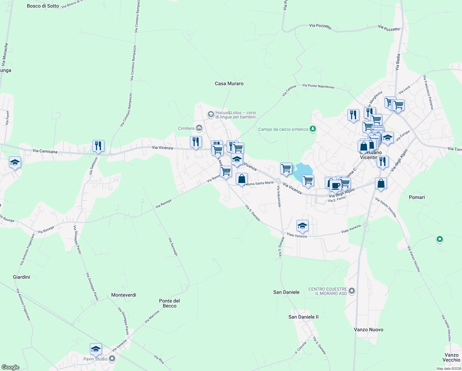 map of restaurants, bars, coffee shops, grocery stores, and more near 10 Via San Daniele in Camisano Vicentino