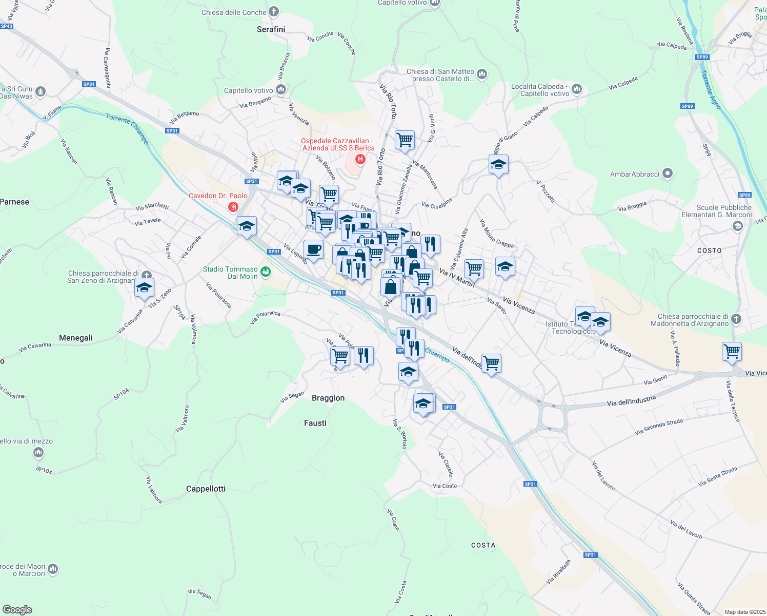 map of restaurants, bars, coffee shops, grocery stores, and more near 64 Via Camillo Benso Conte di Cavour in Arzignano