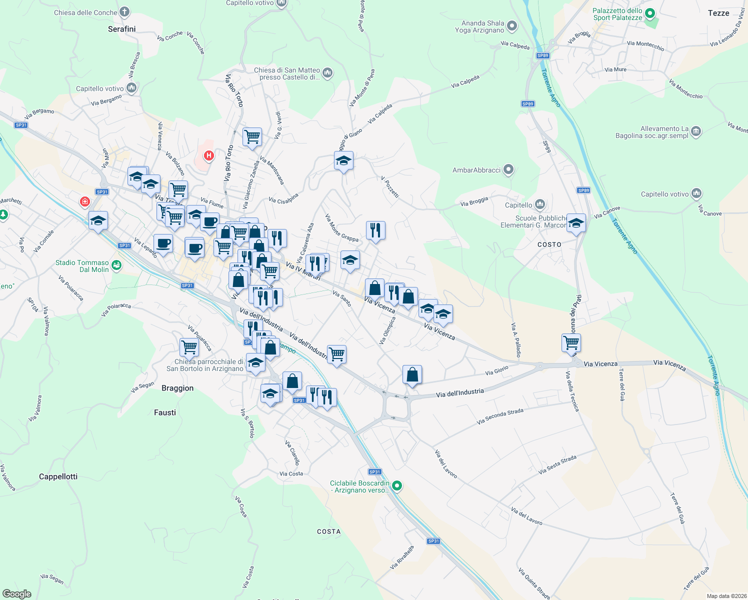 map of restaurants, bars, coffee shops, grocery stores, and more near 23 Via Vicenza in Arzignano