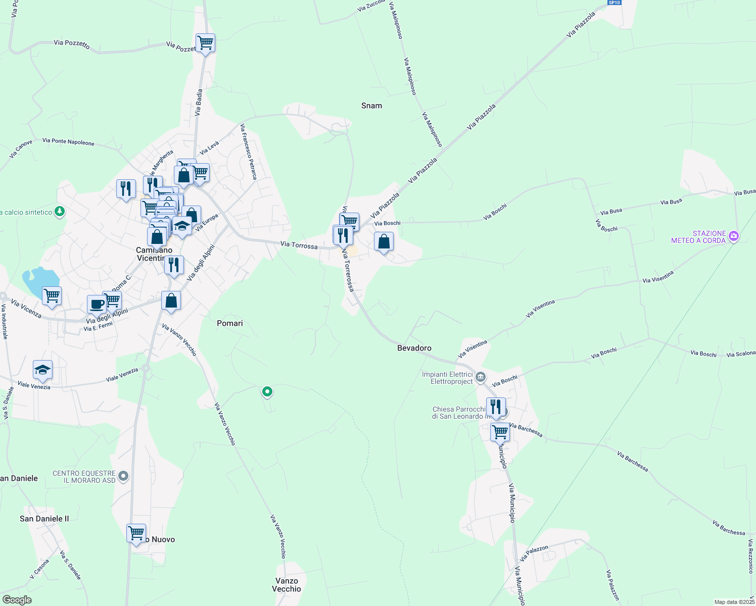 map of restaurants, bars, coffee shops, grocery stores, and more near 42 Via Torrerossa in Bevadoro