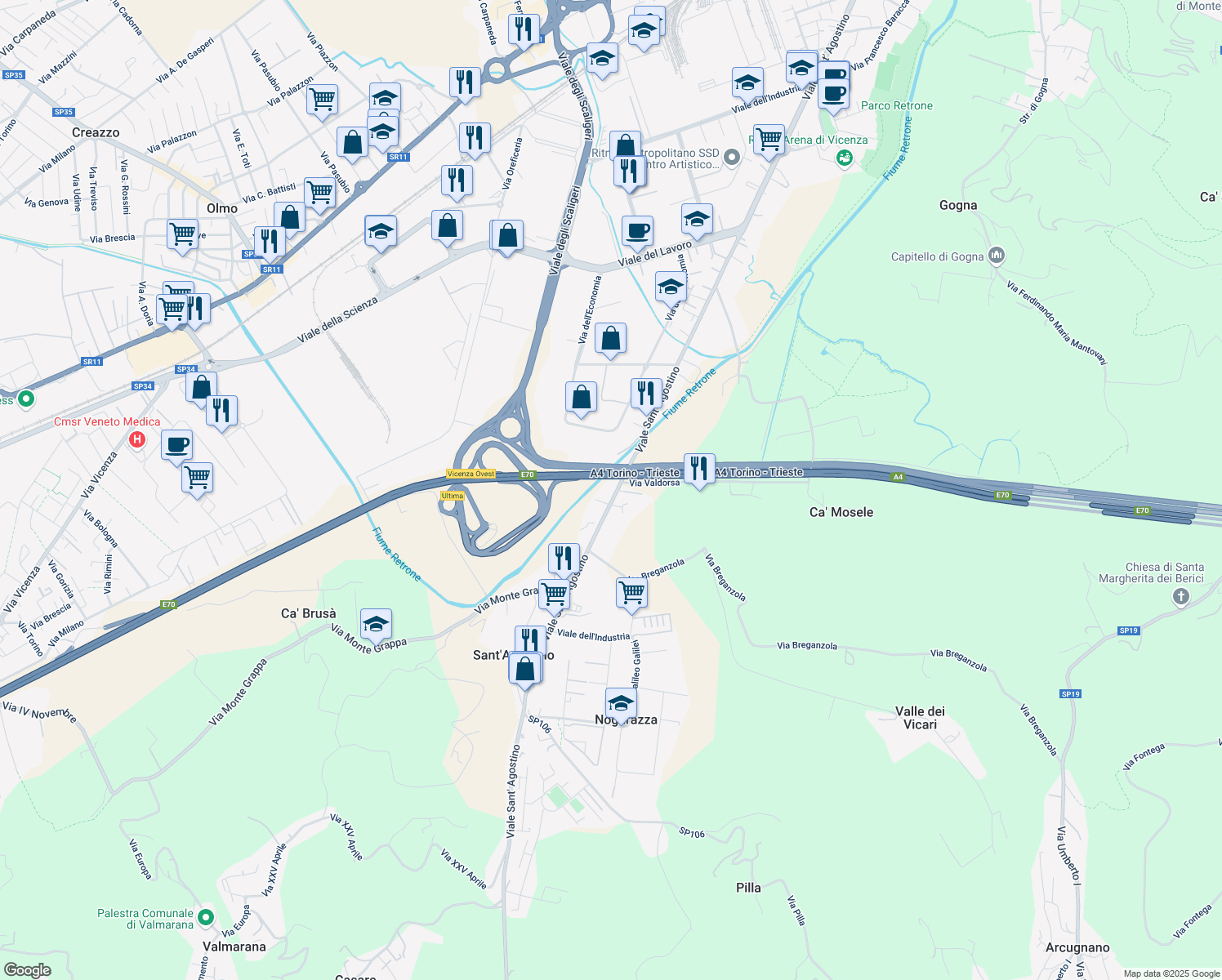 map of restaurants, bars, coffee shops, grocery stores, and more near 504 Viale Sant' Agostino in Vicenza