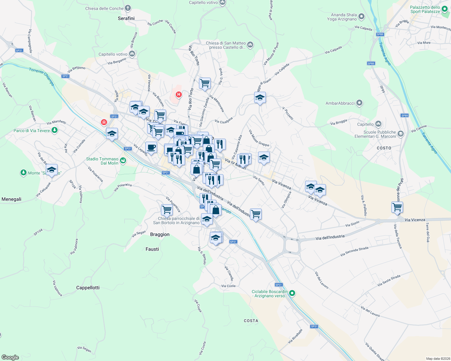 map of restaurants, bars, coffee shops, grocery stores, and more near Via Armando Diaz in Arzignano