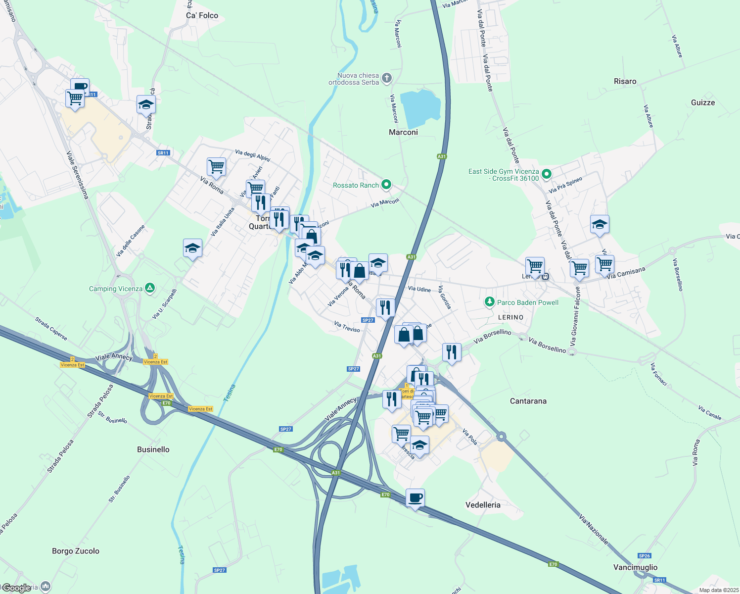 map of restaurants, bars, coffee shops, grocery stores, and more near 133 Via Roma in Torri di Quartesolo