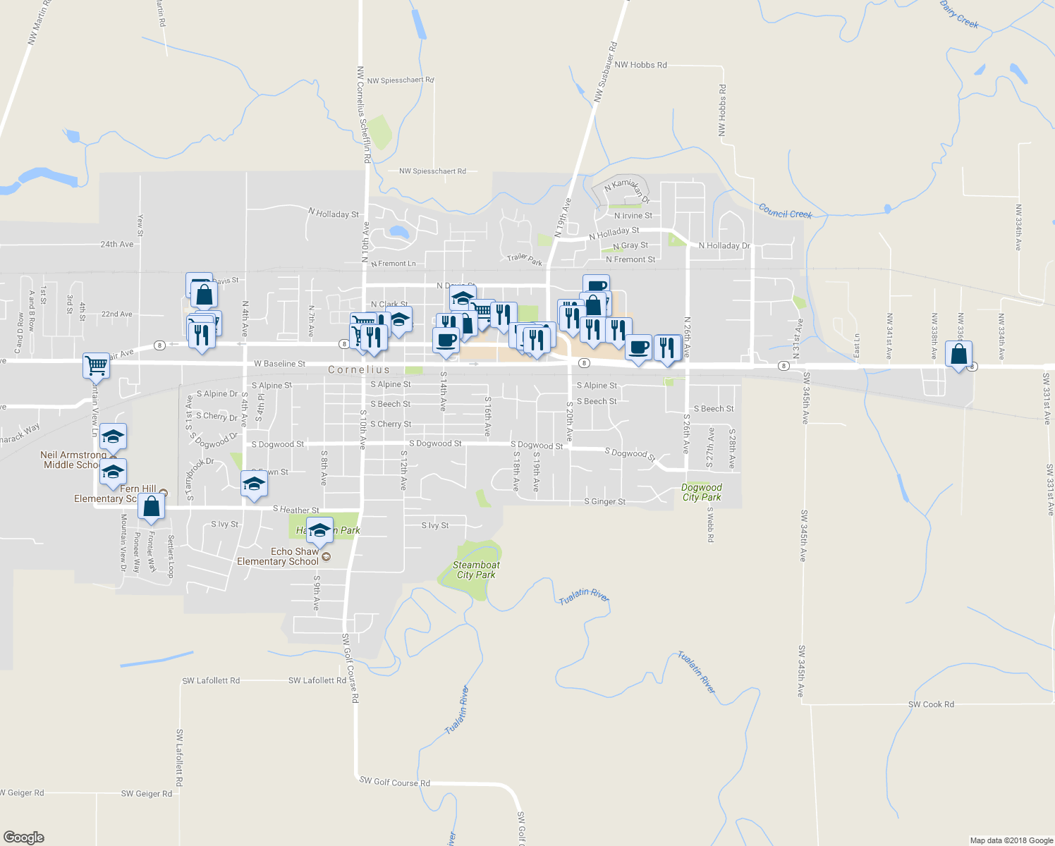 map of restaurants, bars, coffee shops, grocery stores, and more near 291 South 19th Avenue in Cornelius