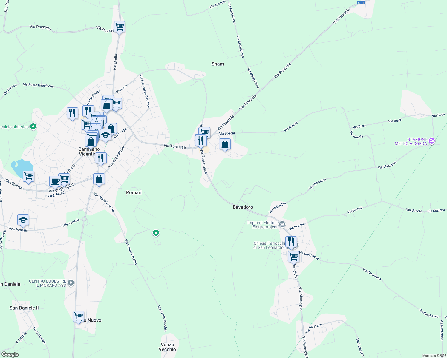 map of restaurants, bars, coffee shops, grocery stores, and more near 42 Via Torrerossa in Bevadoro