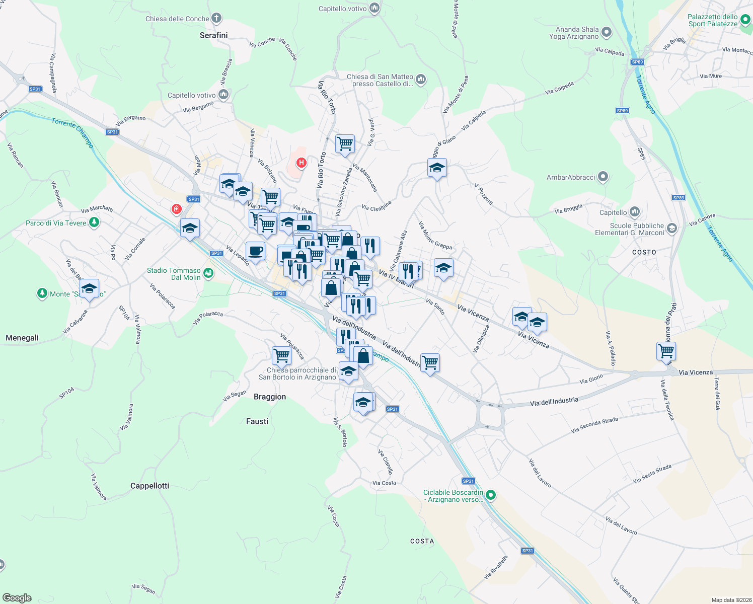 map of restaurants, bars, coffee shops, grocery stores, and more near Via Armando Diaz in Arzignano