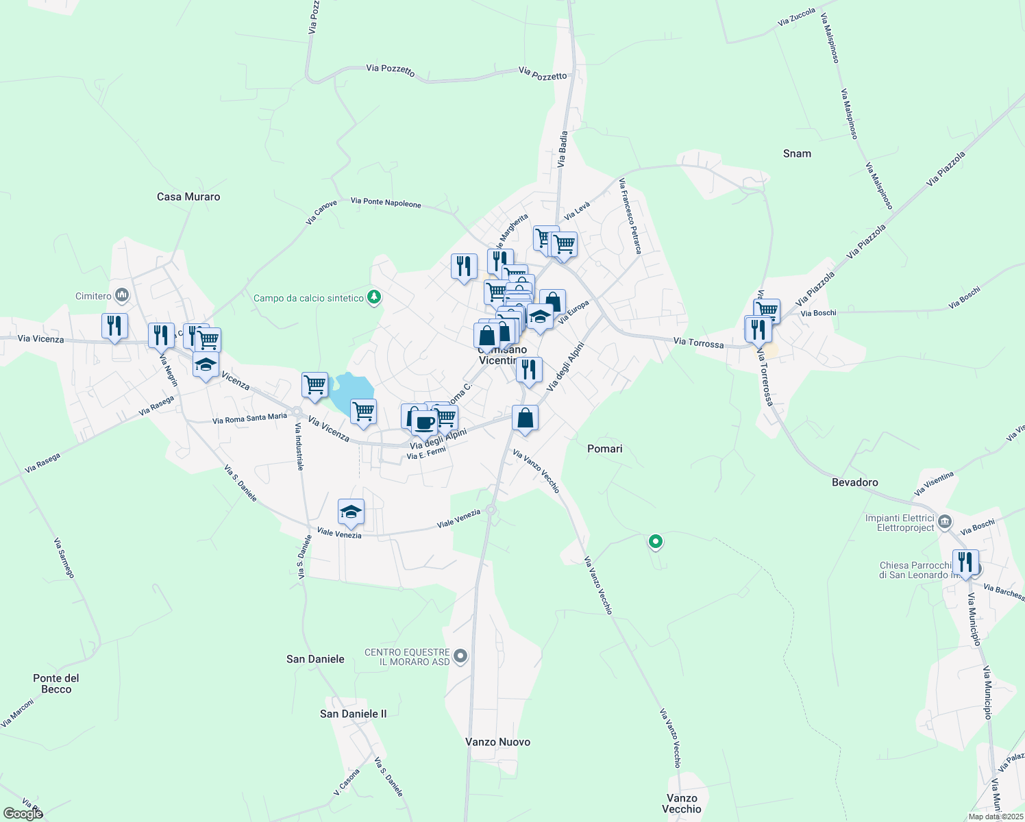 map of restaurants, bars, coffee shops, grocery stores, and more near 16 Via degli Alpini in Camisano Vicentino