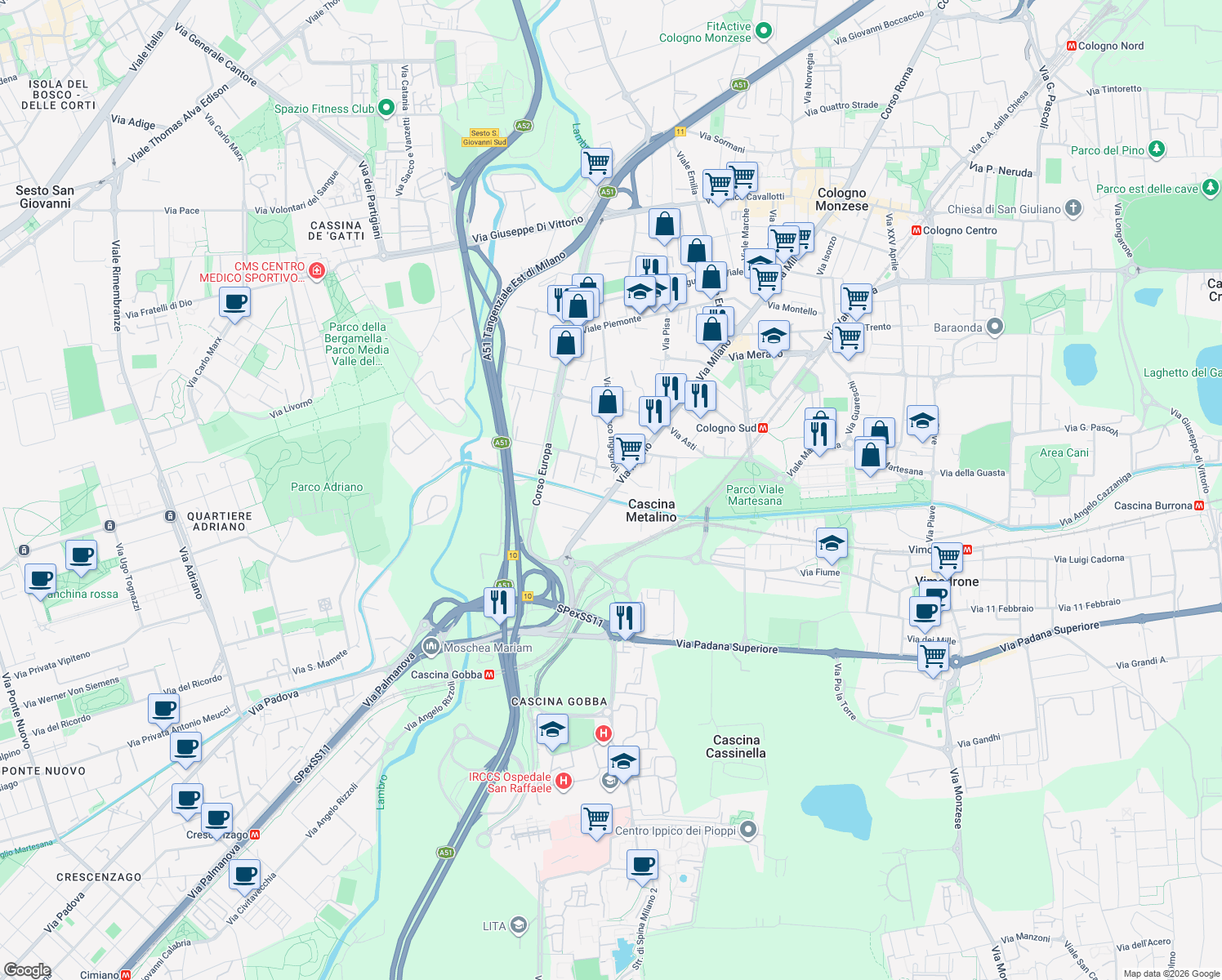 map of restaurants, bars, coffee shops, grocery stores, and more near 150 Via Milano in Cologno Monzese