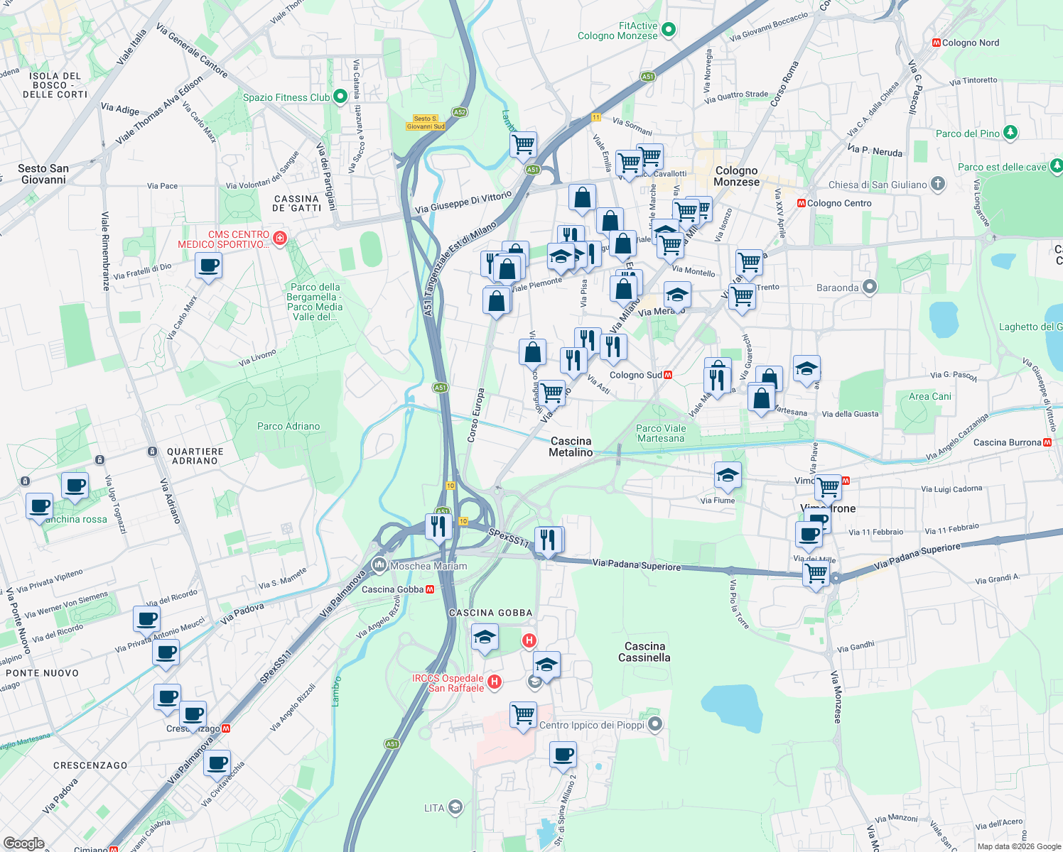 map of restaurants, bars, coffee shops, grocery stores, and more near 150 Via Milano in Cologno Monzese