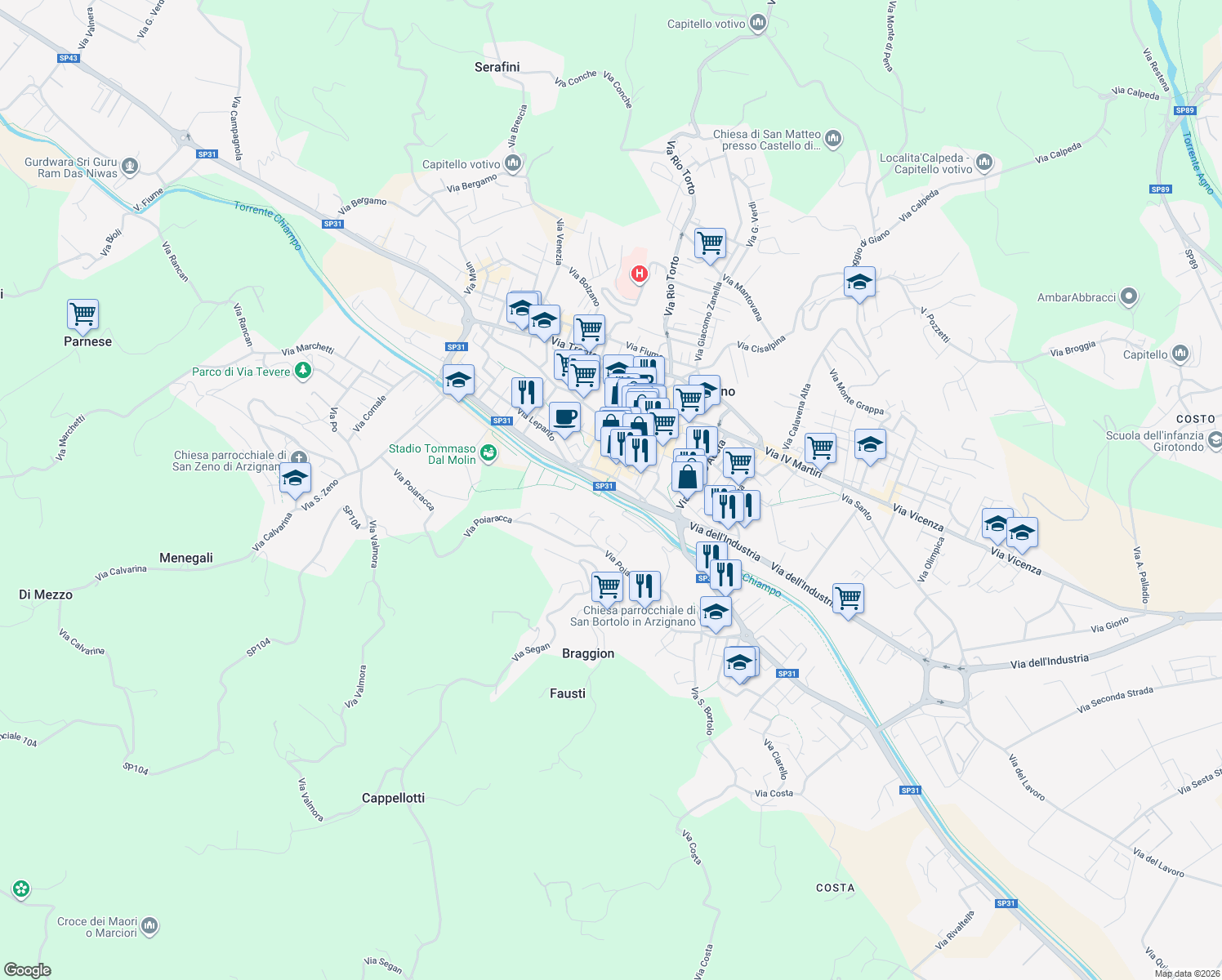 map of restaurants, bars, coffee shops, grocery stores, and more near Largo Stazione in Arzignano