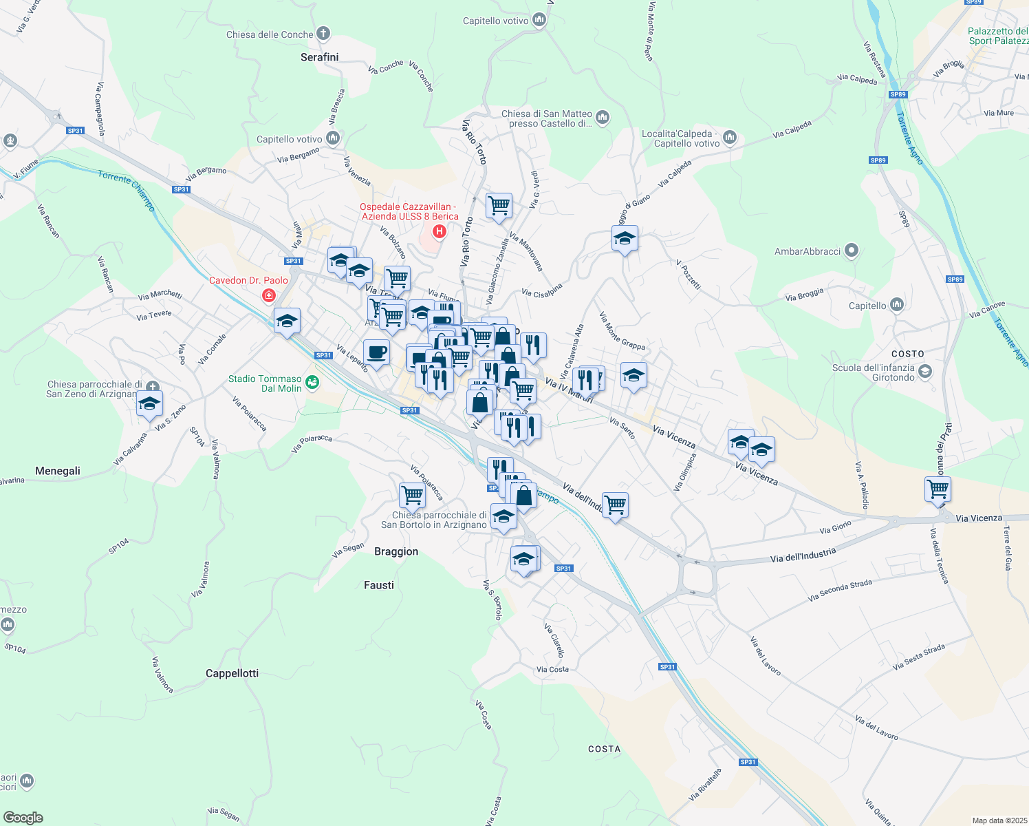 map of restaurants, bars, coffee shops, grocery stores, and more near 3 Via Fanti in Arzignano